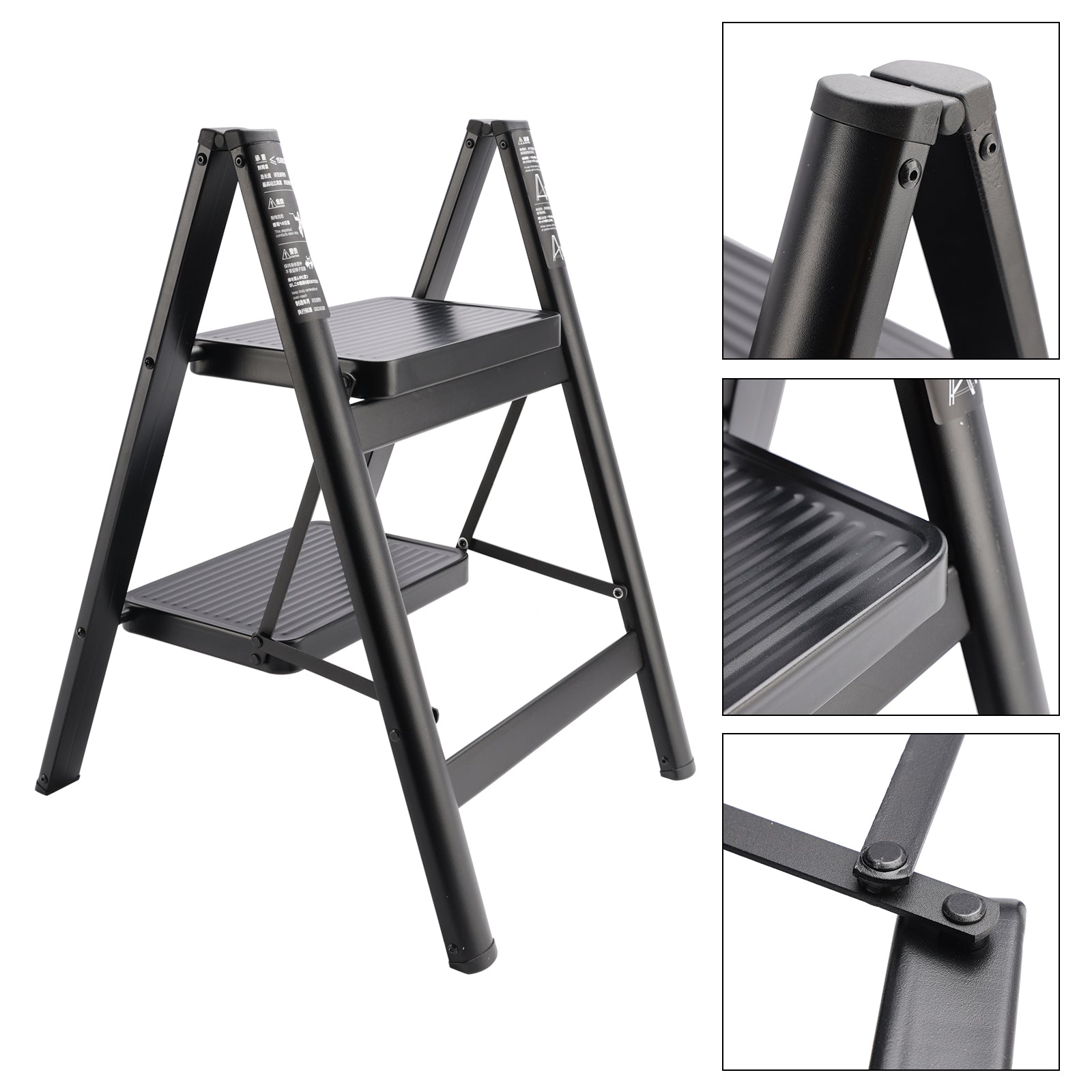 Stepladder, 2 Tiers, Foldable, Aluminum, Wide, Lightweight, Compact, Ladder