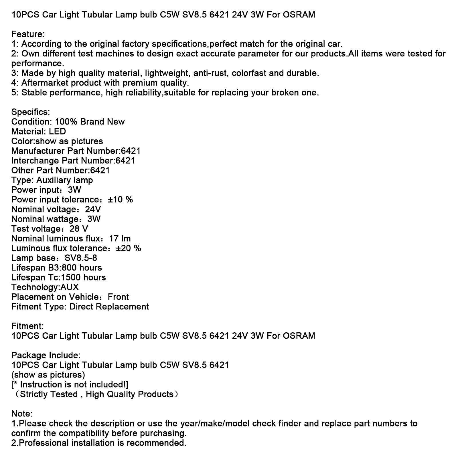 10ks auta Svetlá rúrková žiarovka žiarovka C5W Sv8.5 6421 24V 3W pre Osram
