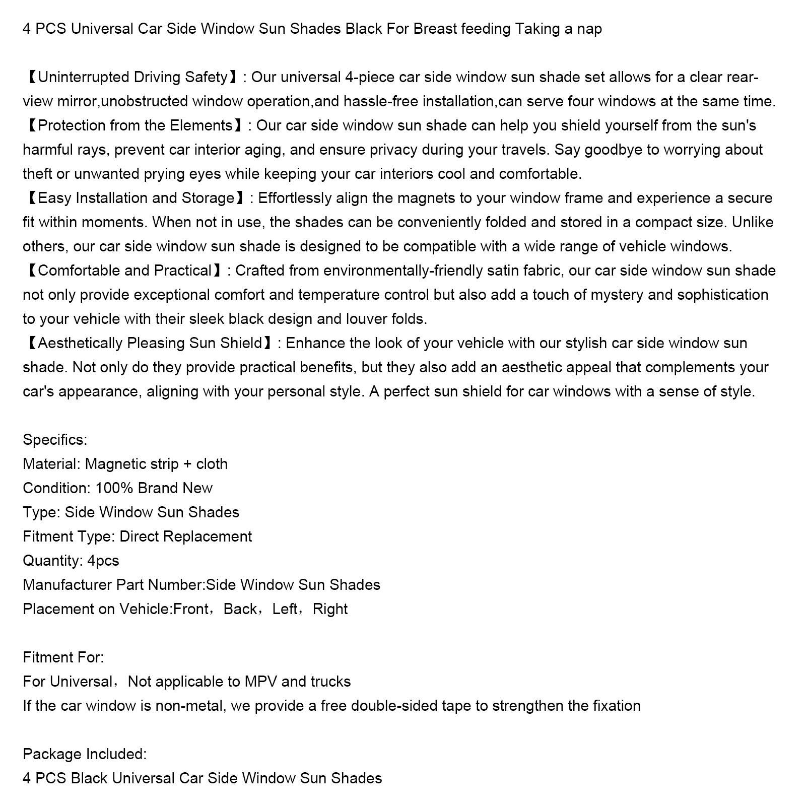 4 ks Univerzálne bočné okno Slnko slnečné okno čierne na dojčenie