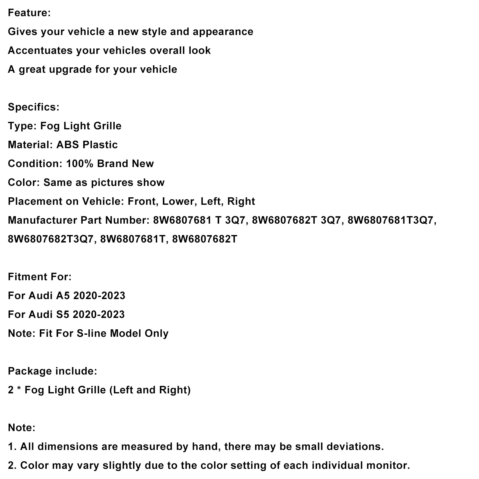 2020-2023 Audi A5 S-line S5 2 st Främre Stötfångare Dimljusskydd Grill 8W6807682T3Q7