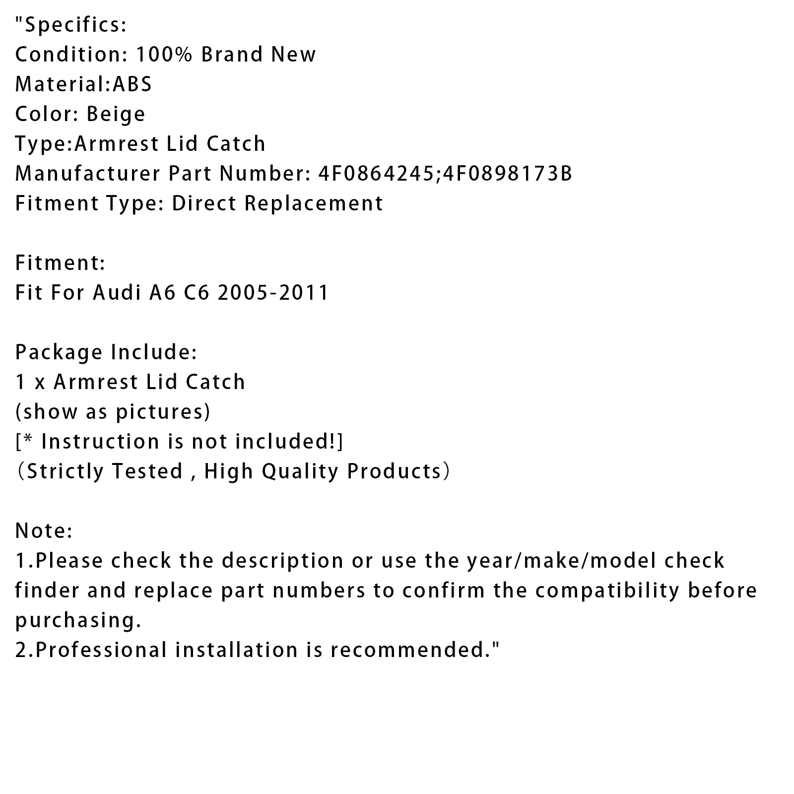 2005-2011 Audi A6 C6 Beige Console Center Armrest Lid Latch 4F0864245
