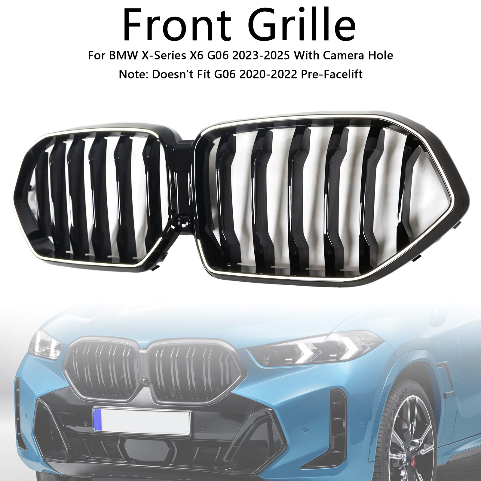 2023-2025 BMW X6 G06 M60i con orificio para cámara Parrilla de parachoques delantero negra