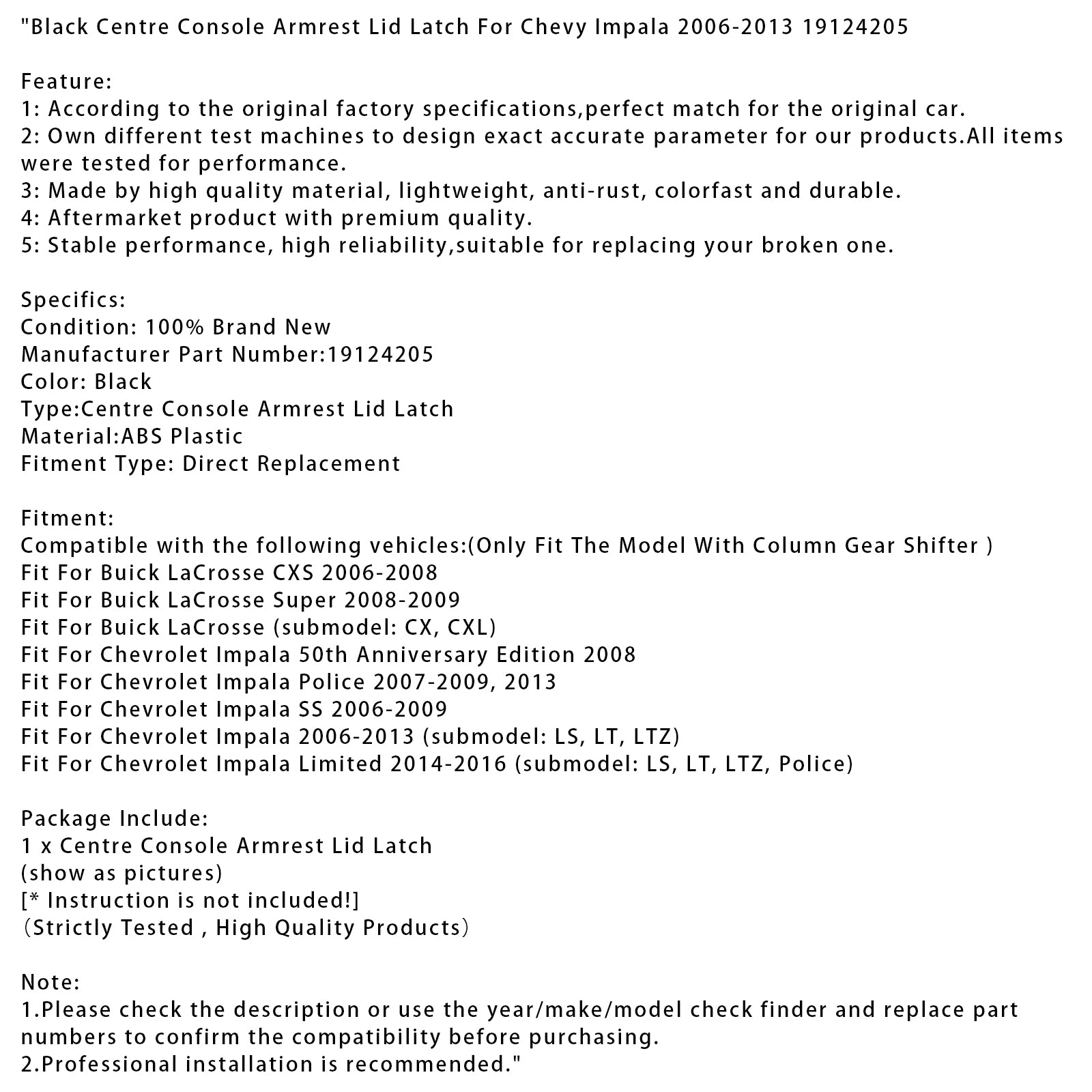 Black Centre Console Armrest Lid Latch For Chevy Impala 2006-2013 19124205