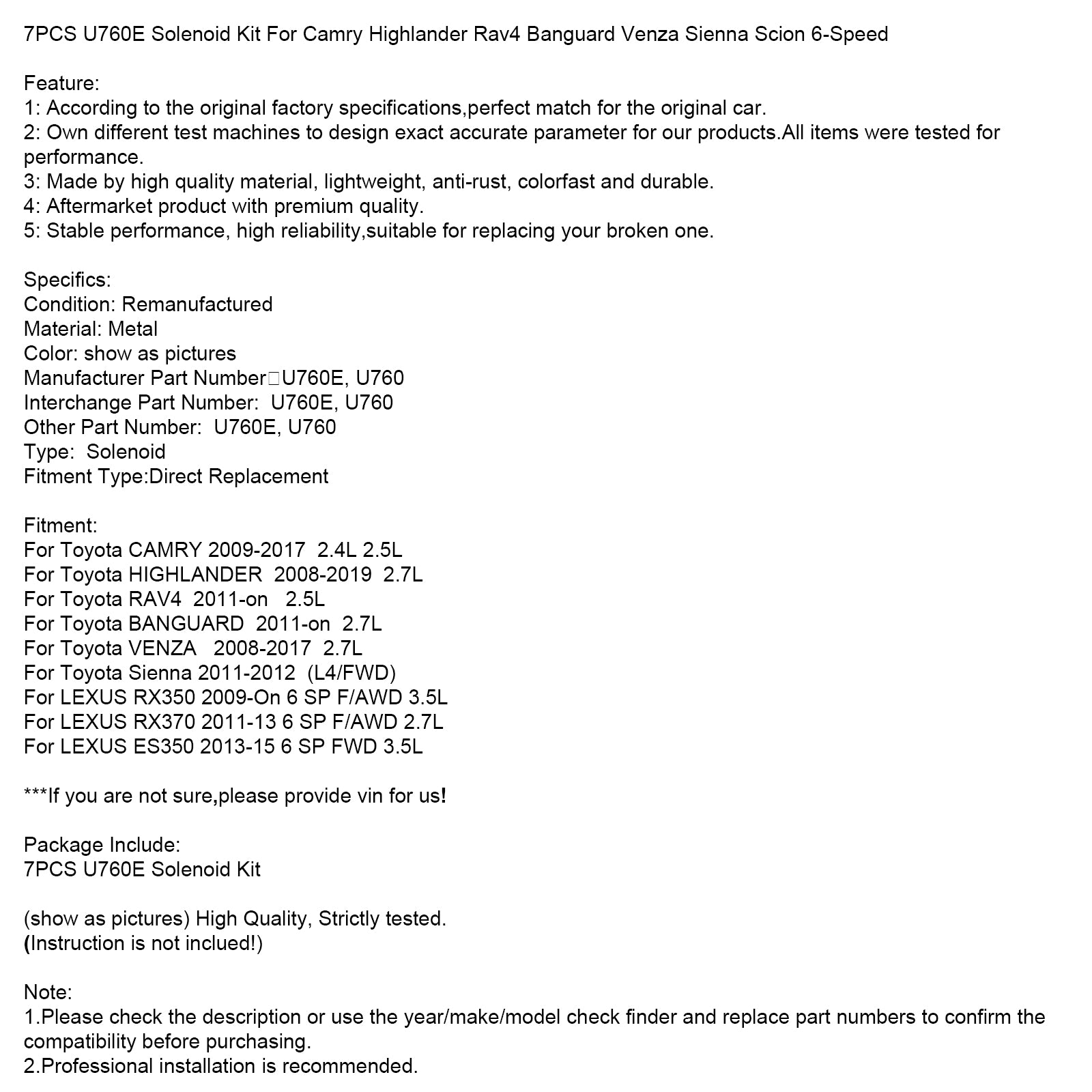 7PCS U760E Solenoid Kit For Camry Highlander Rav4 Banguard Venza Sienna 6-Speed