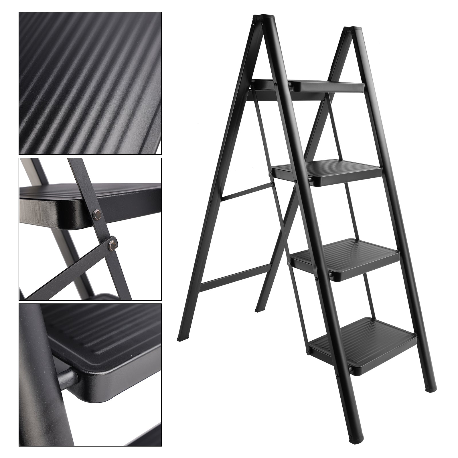 Stepladder, 4 Tiers, Foldable, Aluminum, Wide, Lightweight, Compact, Ladder