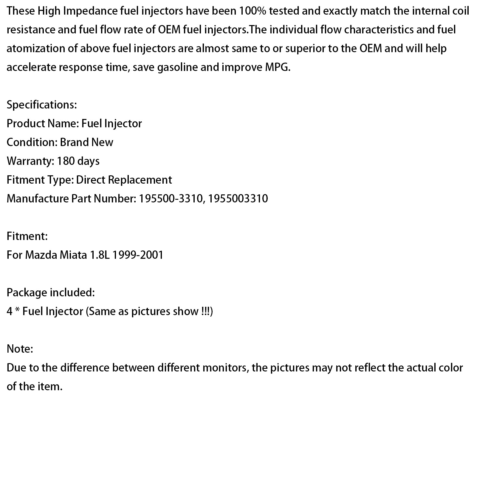 1999-2001 Mazda Miata 1.8L 4PCS Brandstofinjector 195500-3310 1955003310