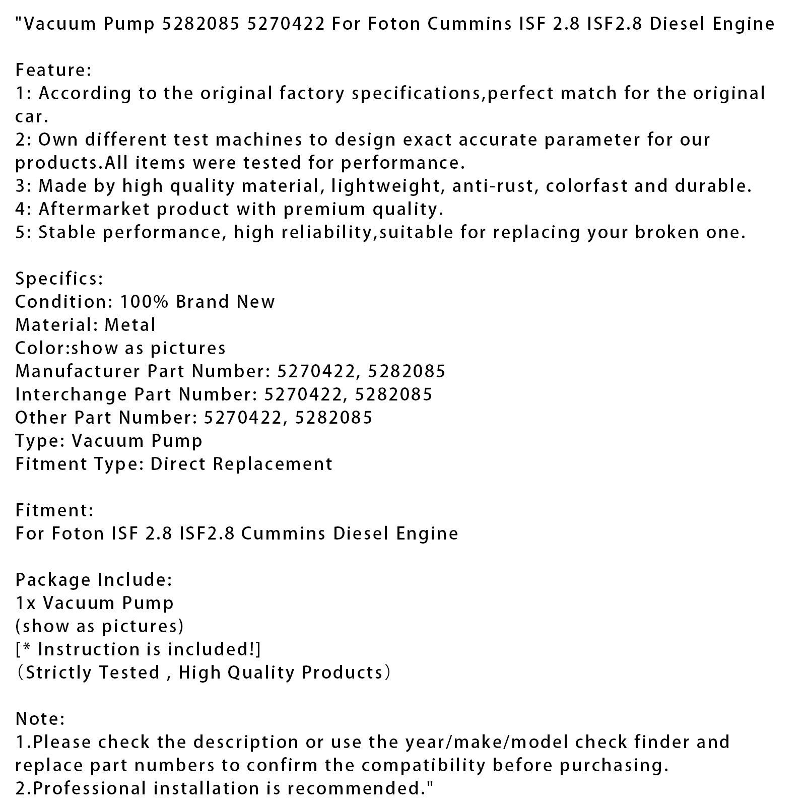 Foton Cummins ISF 2.8 ISF2.8 Pompe à vide du moteur diesel 5282085 5270422