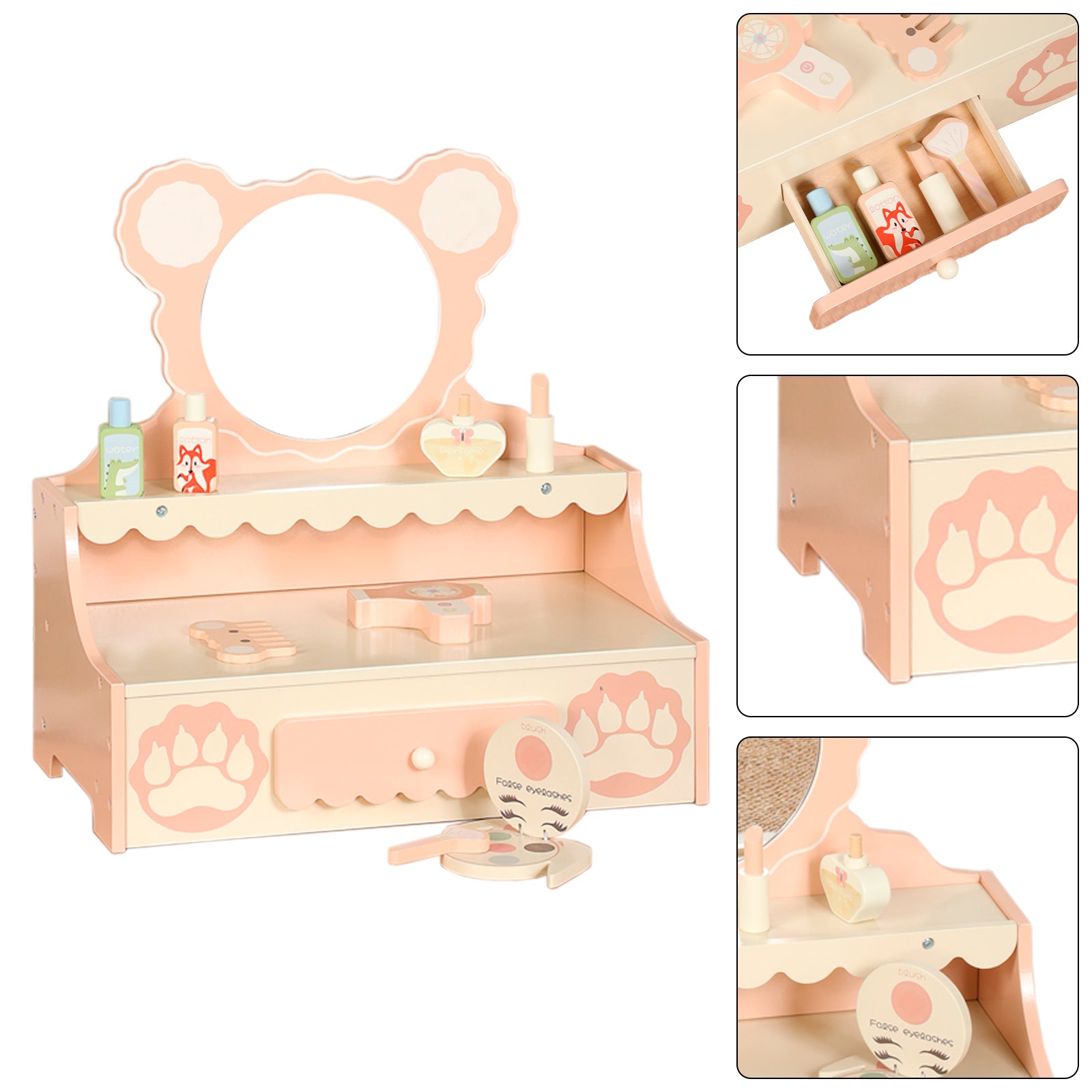 Vanité de princesse pour enfants de 3 ans et plus, bureau de jeu de simulation avec 8 accessoires de maquillage, ensemble de vanité pour enfants avec tiroir de rangement, table de maquillage pour petites filles avec miroir