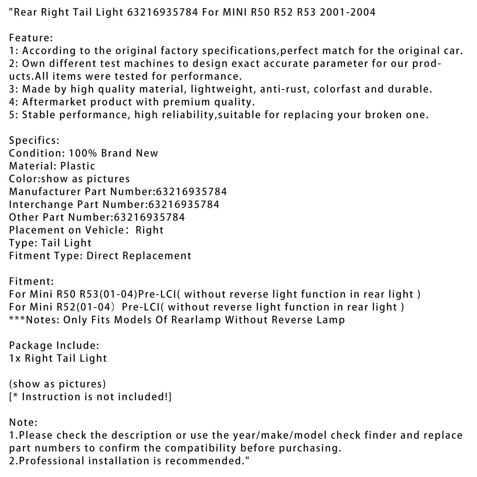 Luz trasera derecha 63216935784 para MINI R50 R52 R53 2001-2004