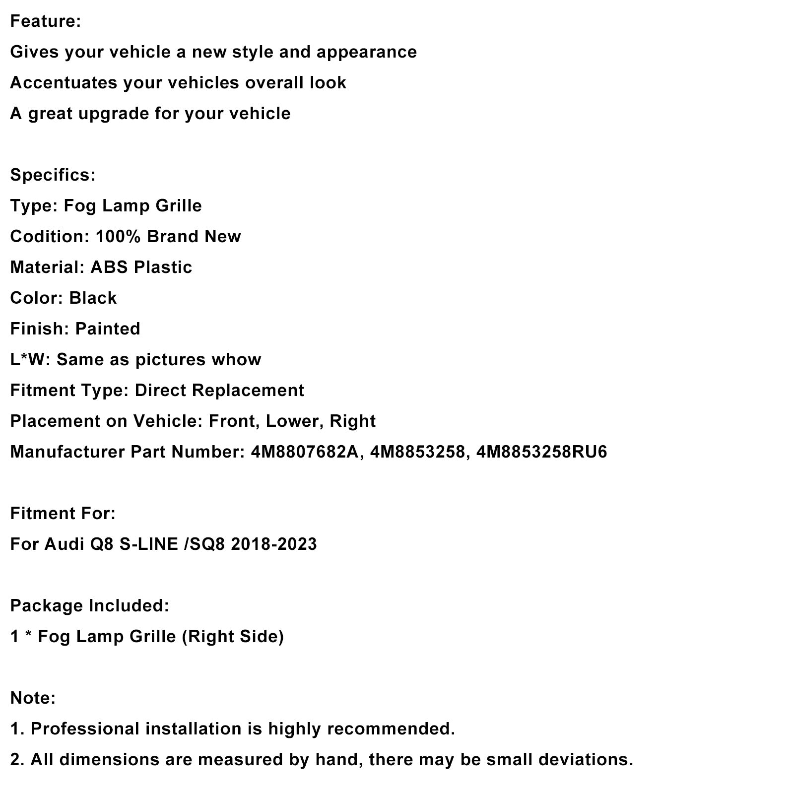 2018-2023 AUDI Q8 S-LINE SQ8 PAUTER FRANT DROIT GRILL 4M8807682A