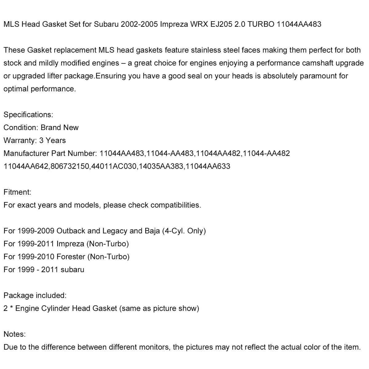1999-2009 Outback (4-Cyl. Only) Areyourshop MLS Head Gasket Set 11044AA483 11044-AA483 Generic