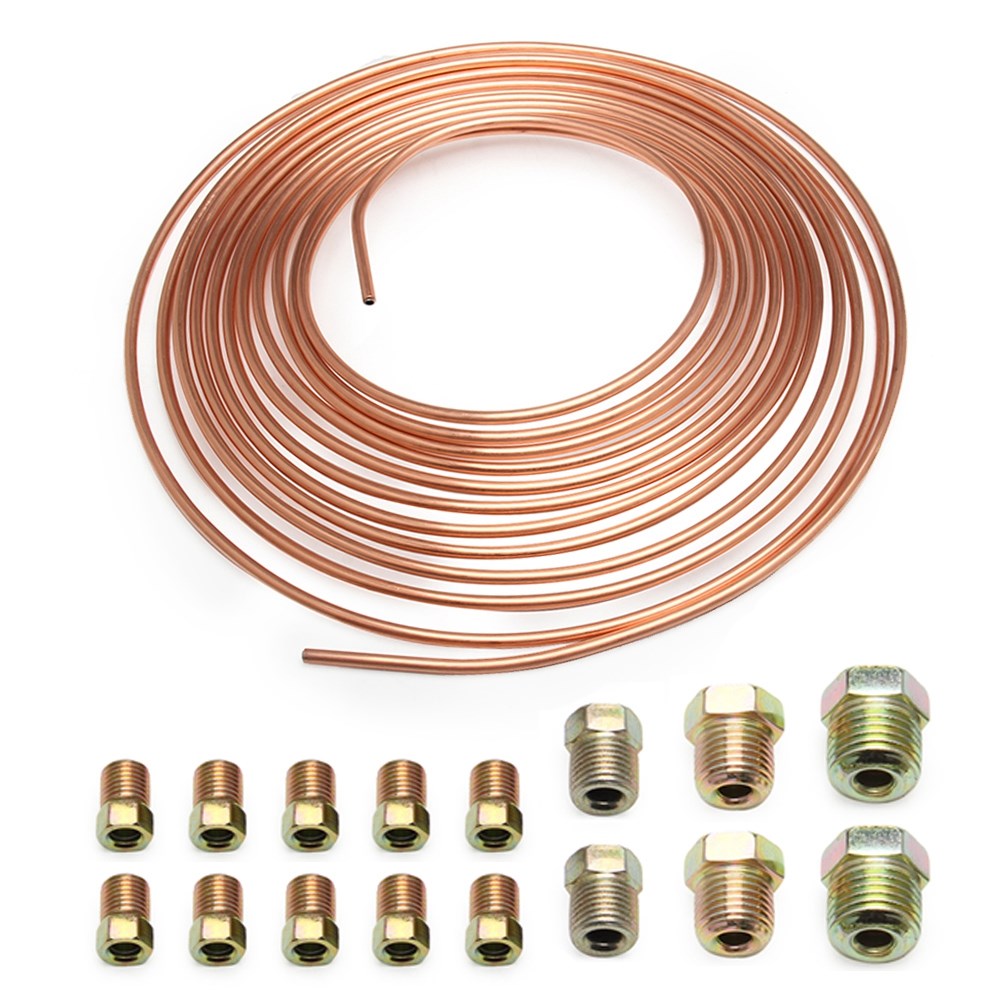 Copper Brake Line Tubing Kit 3/16 OD 25 Foot Coil Roll All Size Fittings