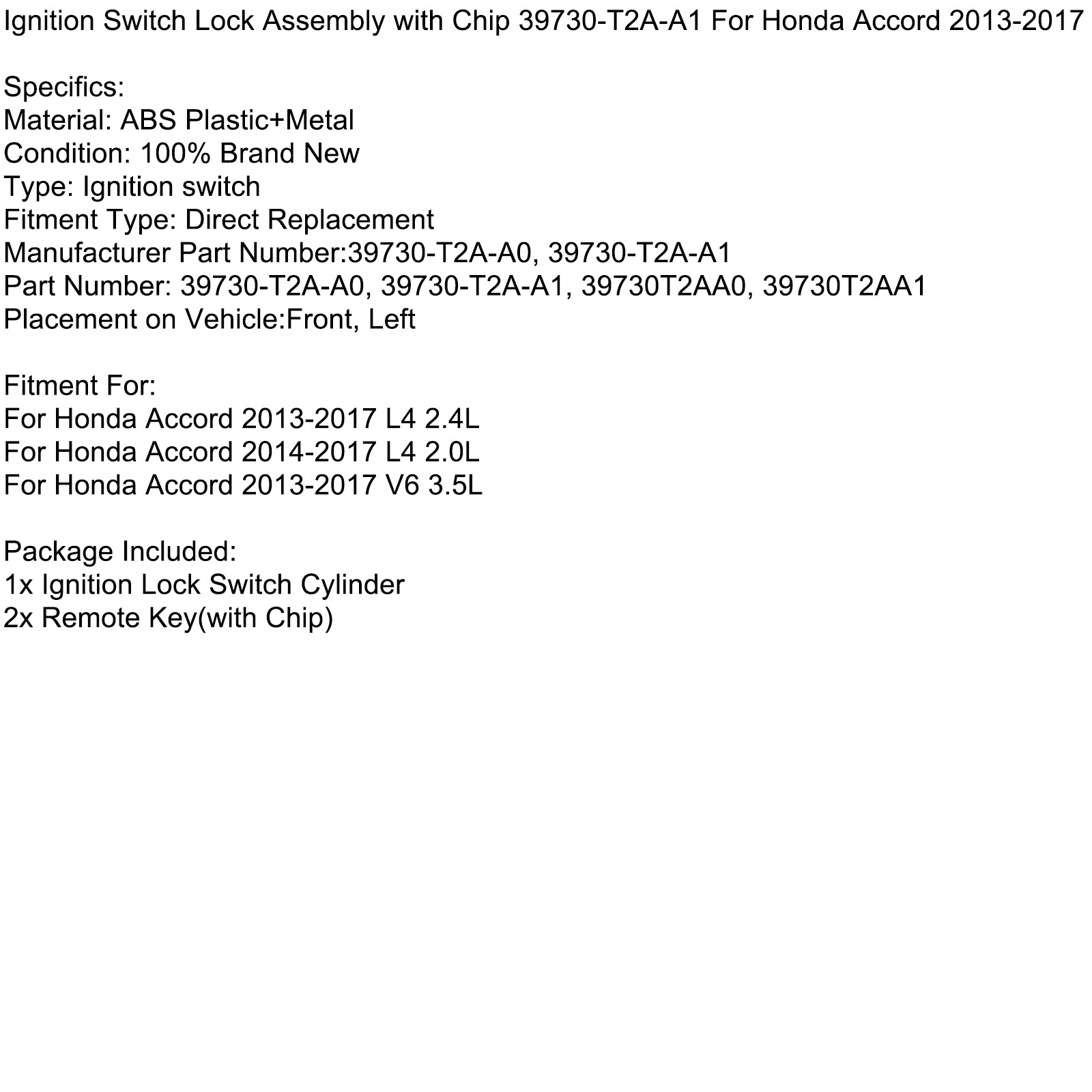 Ignition Switch Lock Assembly with Chip 39730-T2A-A1 For Honda Accord 2013-2017