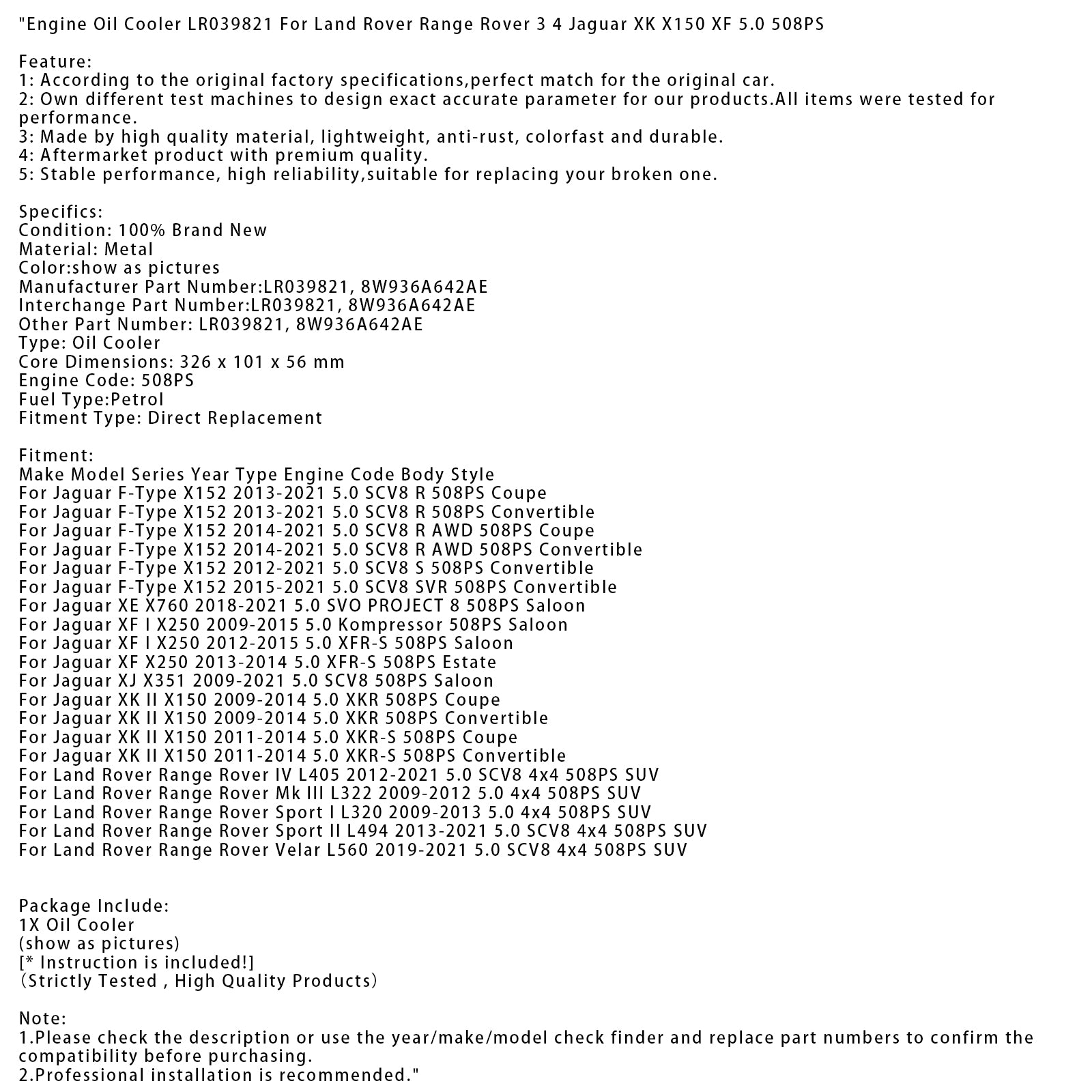 Refroidisseur d'huile moteur Jaguar F-Type X152 5.0 SCV8 R 508PS Coupé 2013-2021 LR039821 8W936A642AE