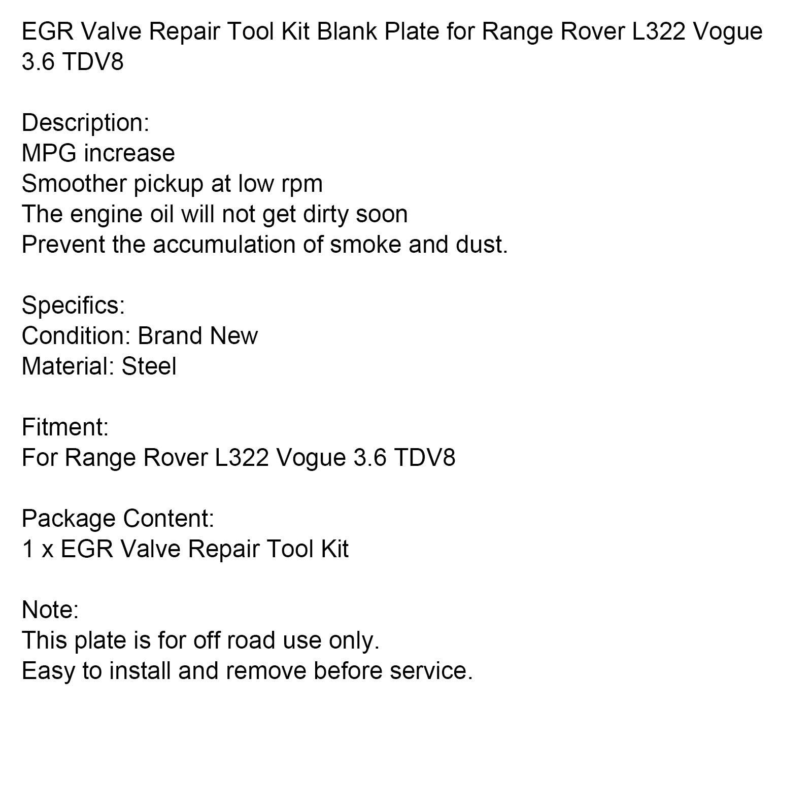 Range Rover L322 Vogue 3.6 TDV8 Kit d'outils de réparation de vanne EGR plaque vierge