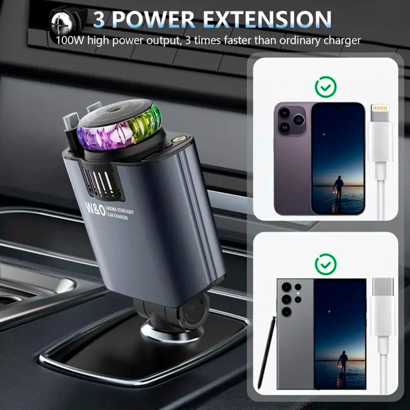 120W Super Fast Car Charger with Retractable Cable Smart Air Freshener Charger