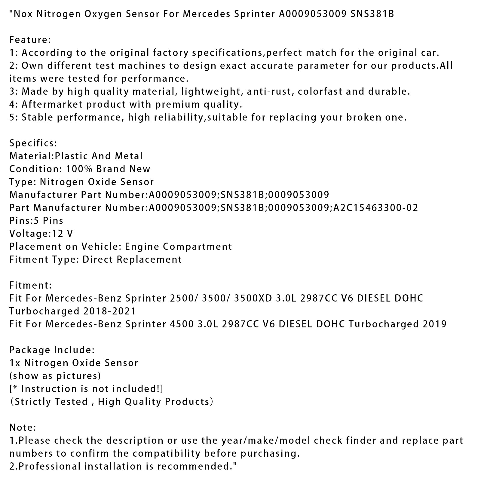 Capteur d'oxygène d'azote NOX pour Mercedes Sprinter A0009053009 SNS381B