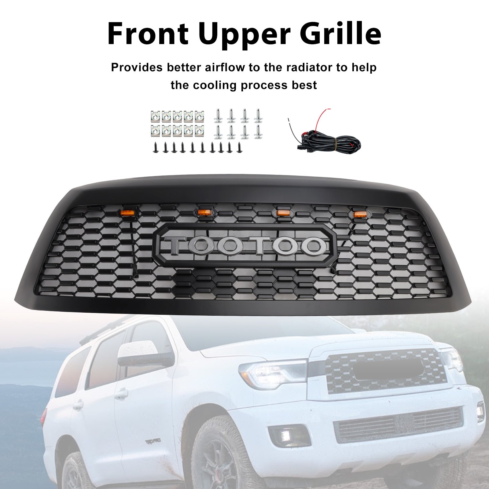 Matte Black Front Bumper Grill Grille Fit Toyota Sequoia 2008-2018 With Led