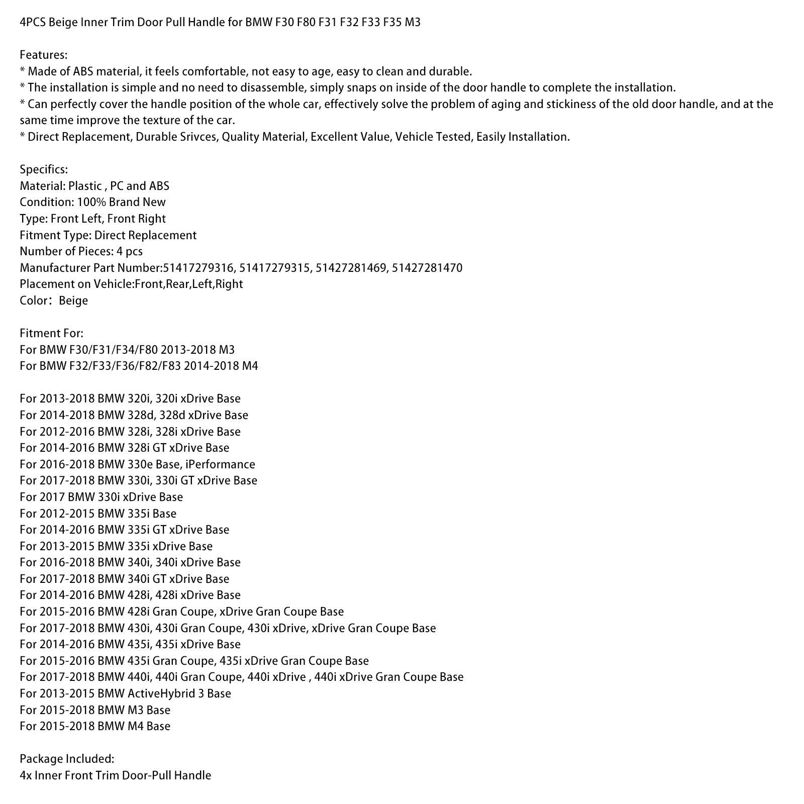 4PCS Beige Inner Trim Door Pull Handle for BMW F30 F80 F31 F32 F33 F35 M3