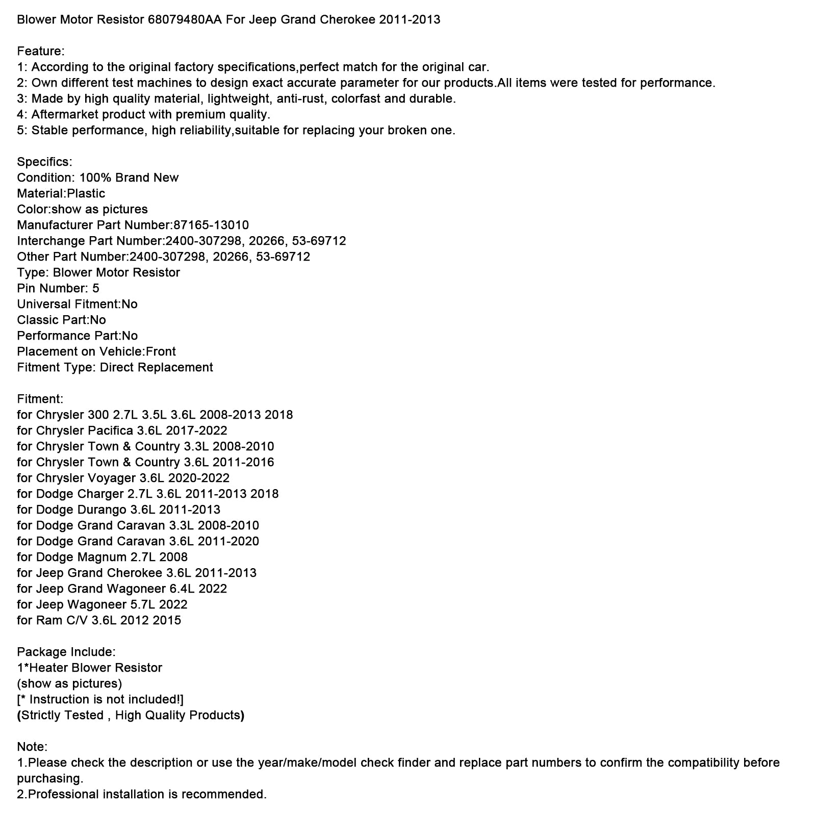 Resistor do motor do soprador 68079480AA para Jeep Grand Cherokee 2011-2013