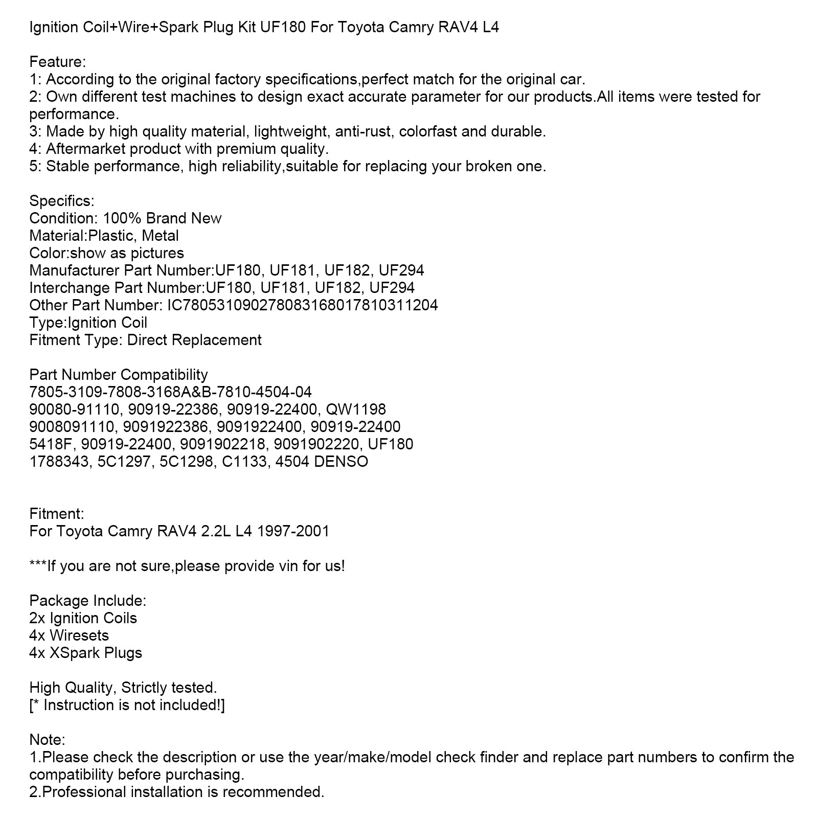 Toyota Camry RAV4 L4 Ignition Coil+Wire+Spark Plug Kit UF180
