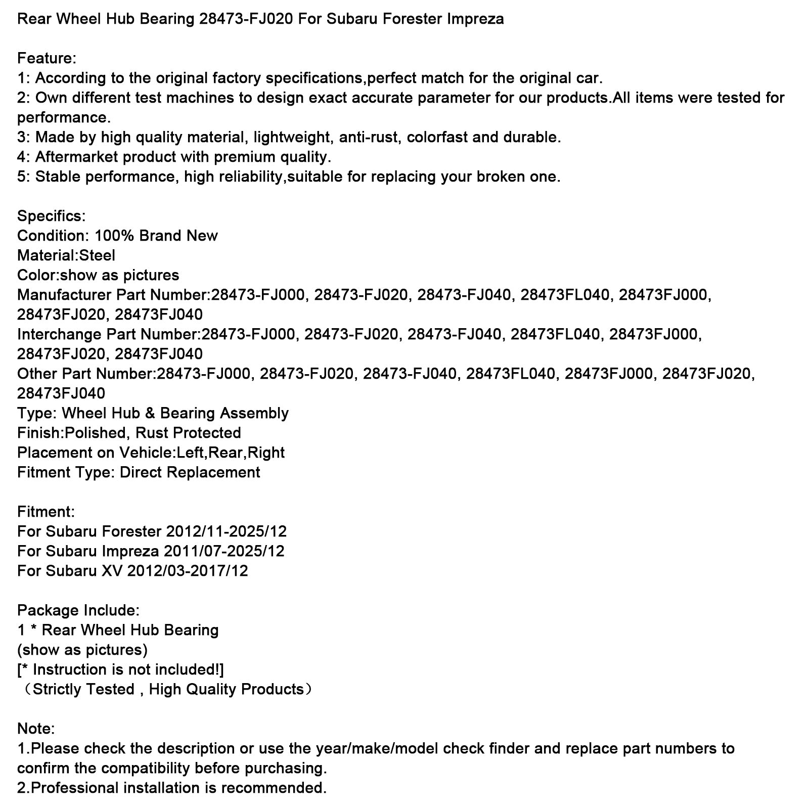 Achterwielnaaflager 28473-FJ020 Geschikt voor Subaru Forester Impreza