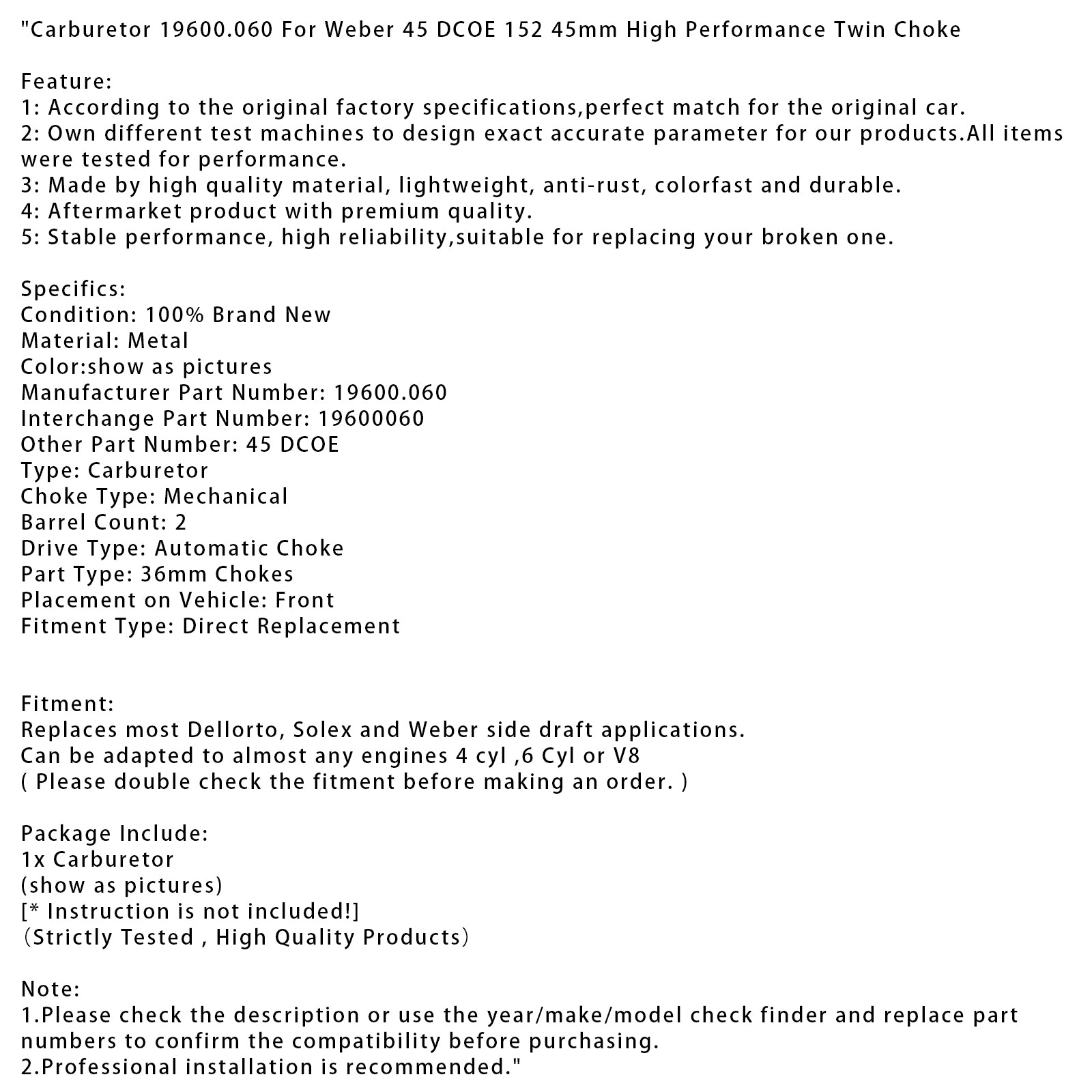 Carburetor 19600.060 Fit For 45 DCOE 152 45mm High Performance Twin Choke