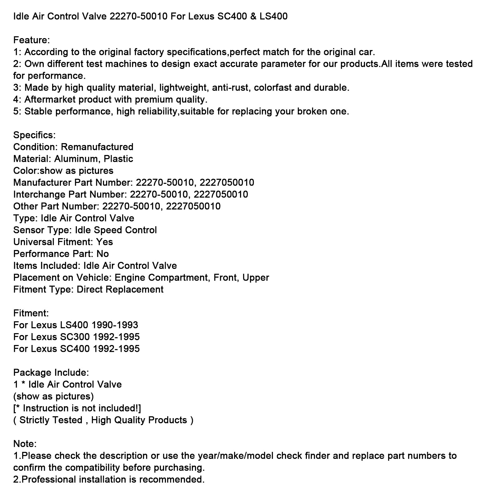 1992-1995 LEXUS SC400 Válvula de controle de ar ocioso 22270-50010