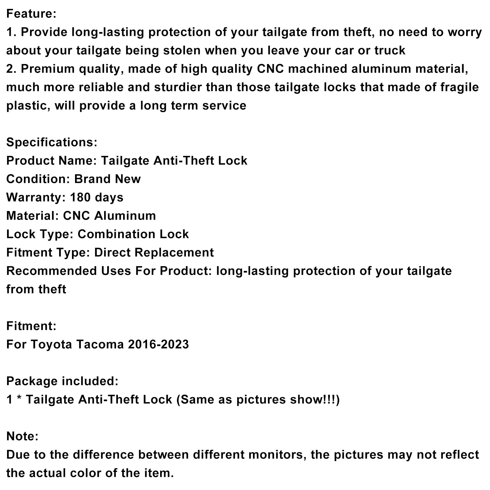 2016-2023 Toyota Tacoma achterklepbeveiligingsapparaat Antidiefstalslot voor vrachtwagenbed achterklep