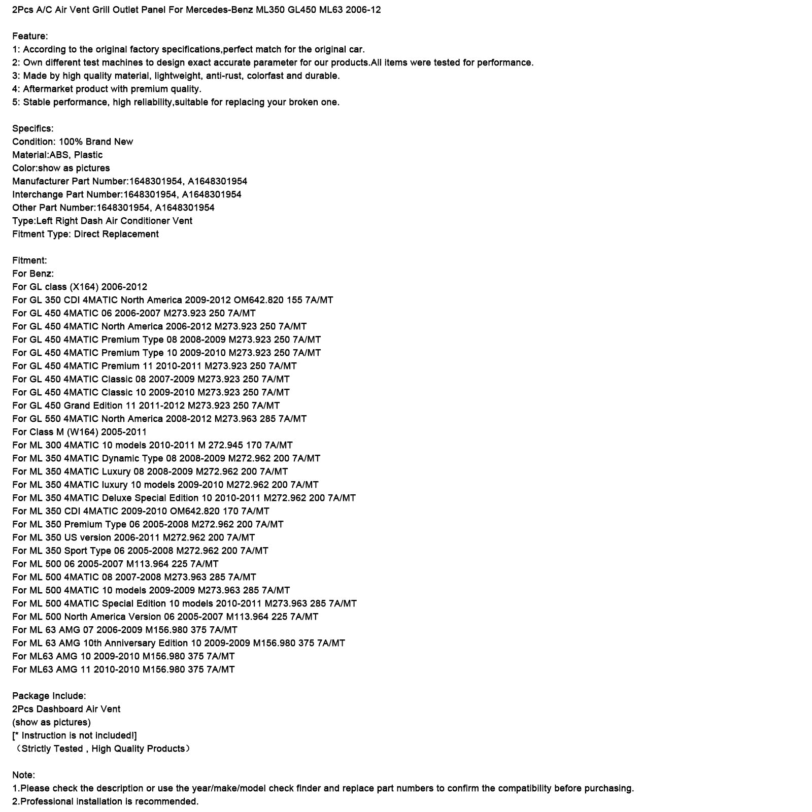 2Pcs A/C Air Vent Grill Outlet Panel For Mercedes-Benz ML350 GL450 ML63 06-12