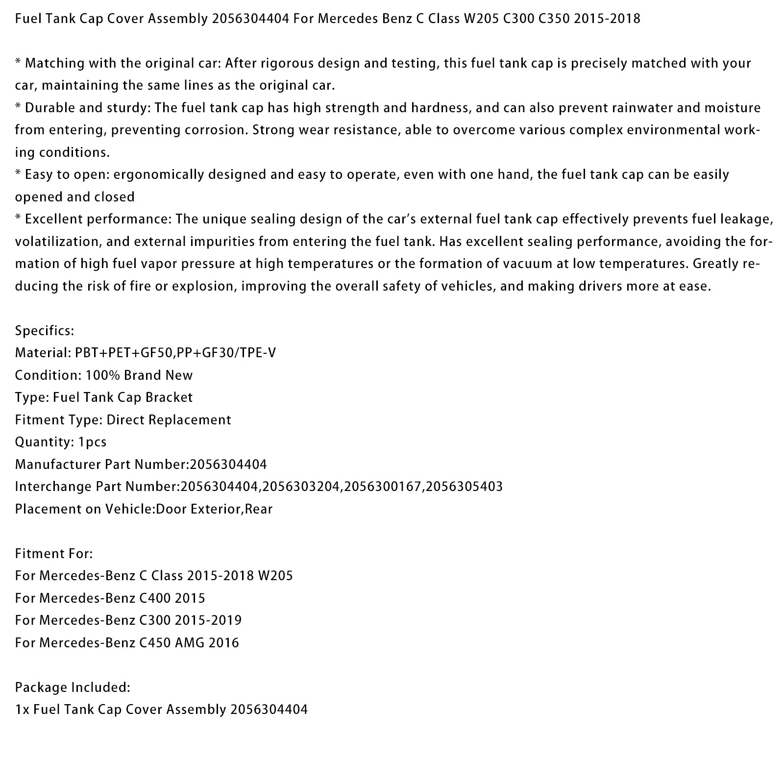 Ensemble de support de bouchon de réservoir de carburant Mercedes-Benz C450 AMG 2016 2056304404 2056300167 2056305403