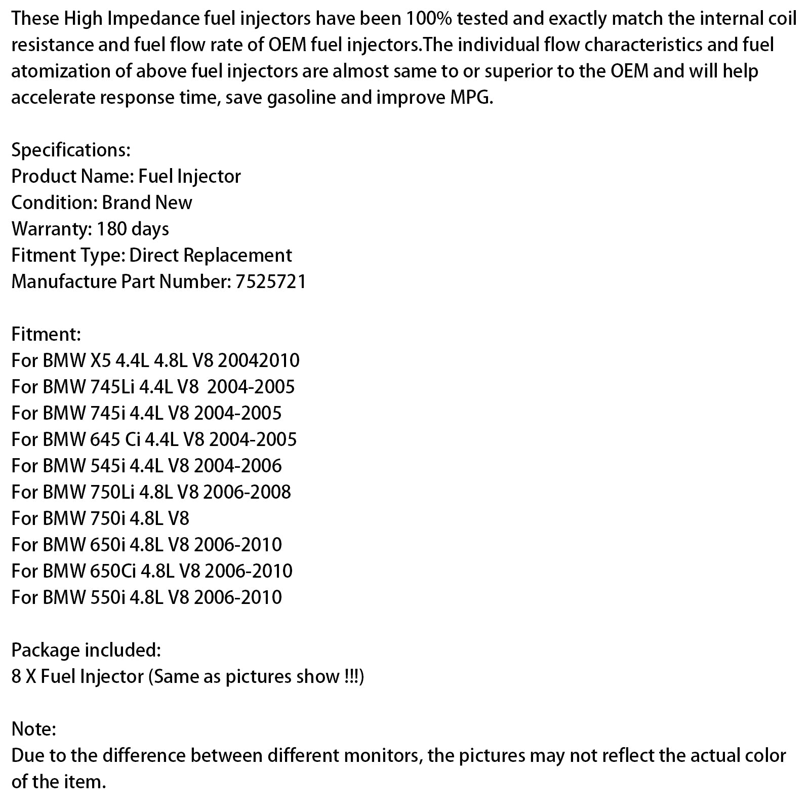 8st Fuel Injector 7525721 Fit Siemens 04-2010 Fit BMW X5 745LI/I 645ci 545i
