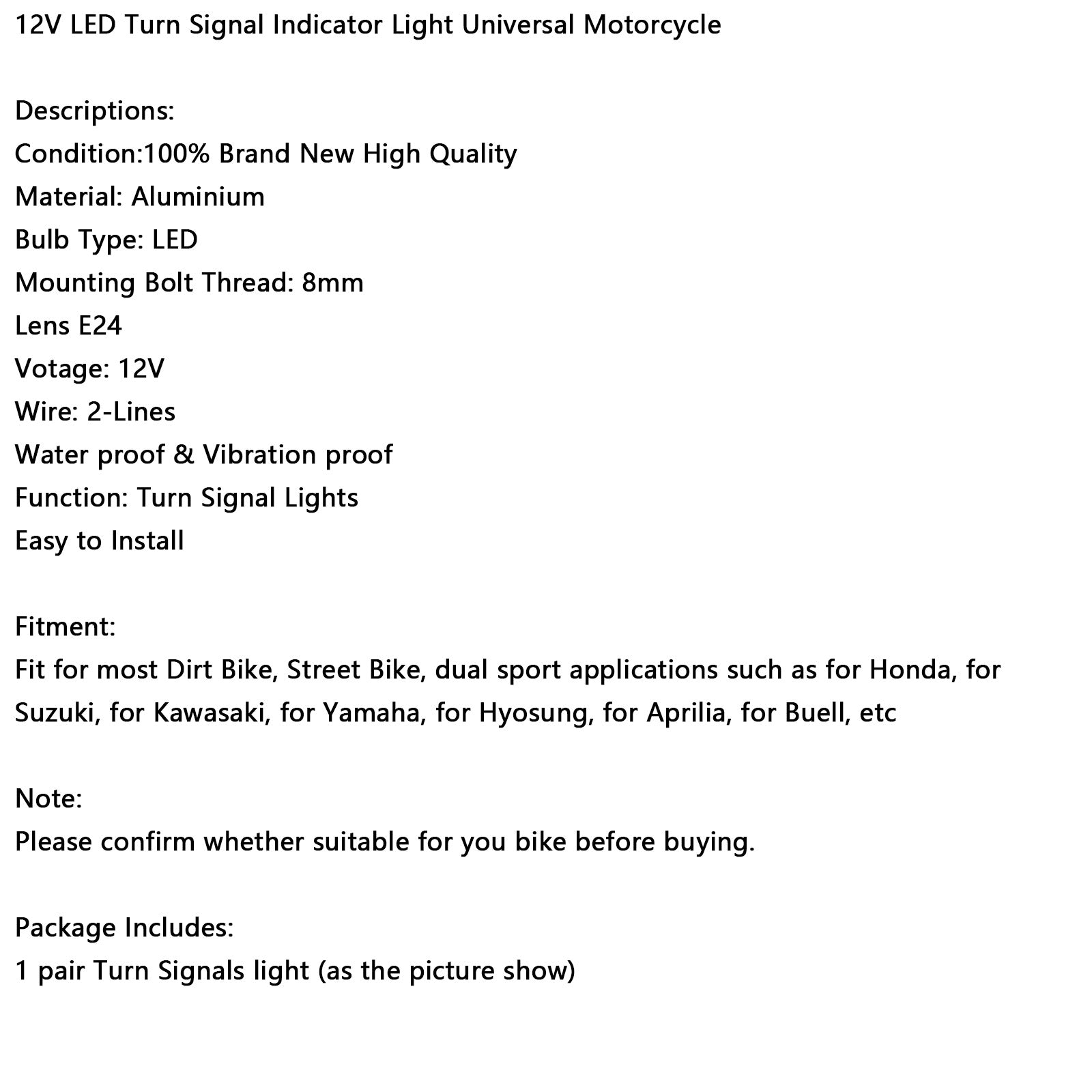 12V LED -turneringsindikatorljus 8mm Universal Motorcykel för Suzuki
