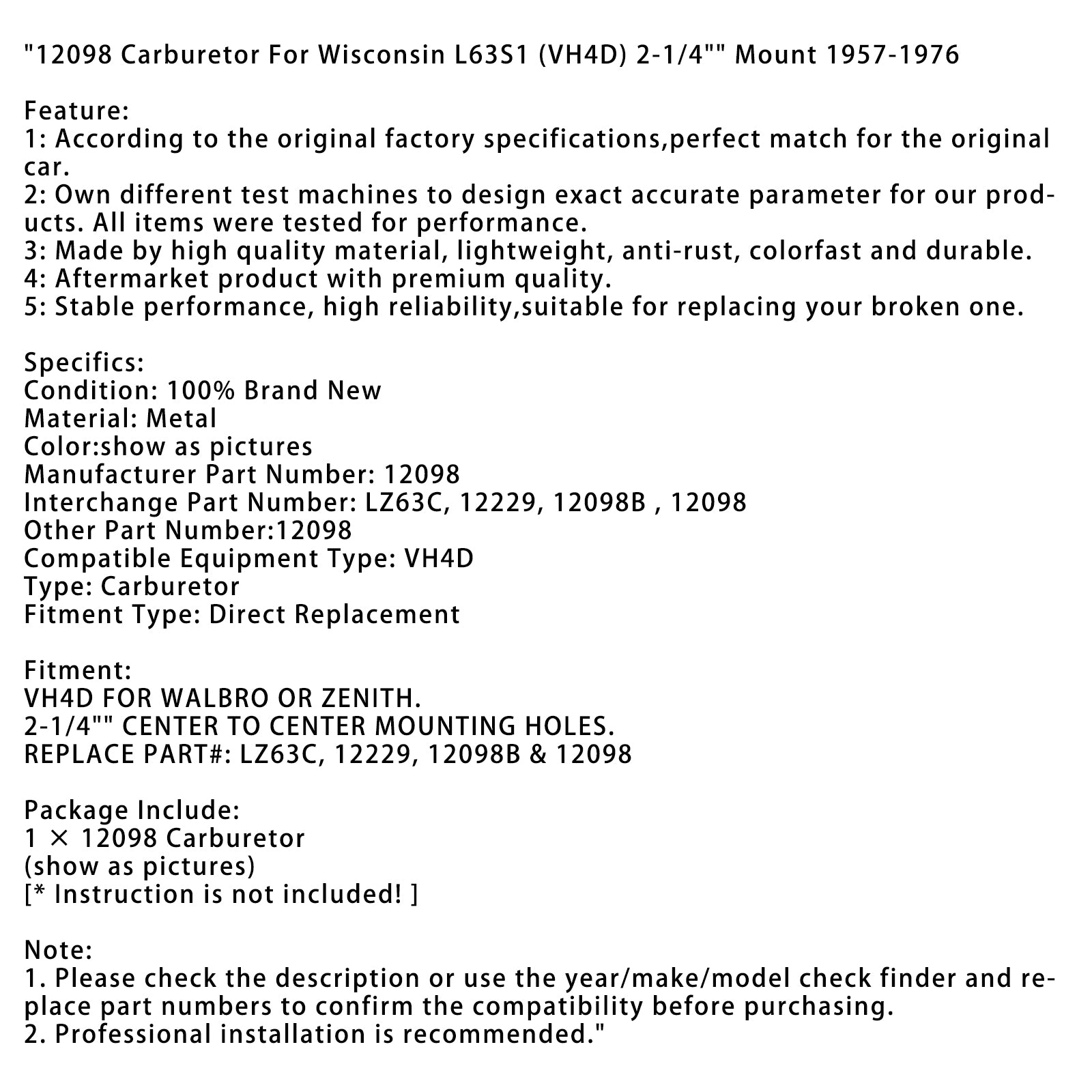 Carburateur 12098 pour Wisconsin L63S1 (VH4D), support 2-1/4 "1957-1976