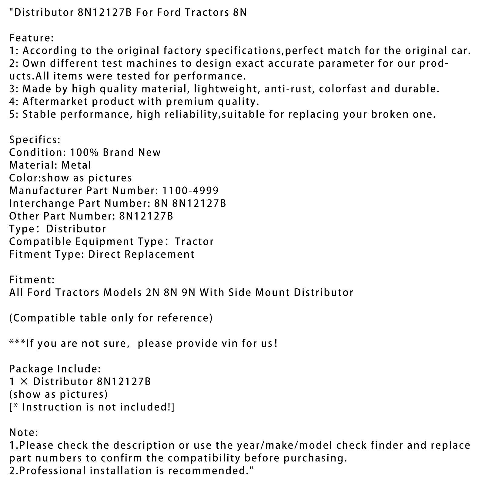 Ford Tractors Models 2N 8N 9N With Side Mount Distributor Distributor 8N12127B