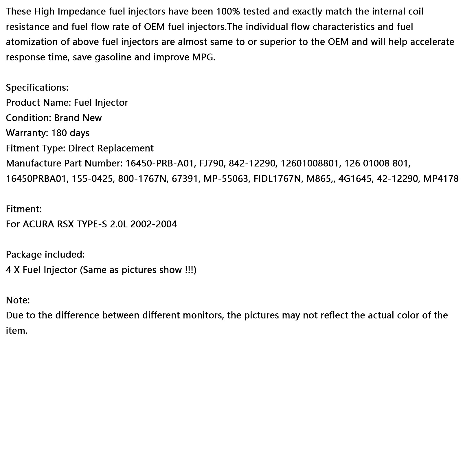 2002-2004 ACURA RSX TYPE-S 2,0L 4PCS Injecteur de carburant 16450-PRB-A01 842-12290