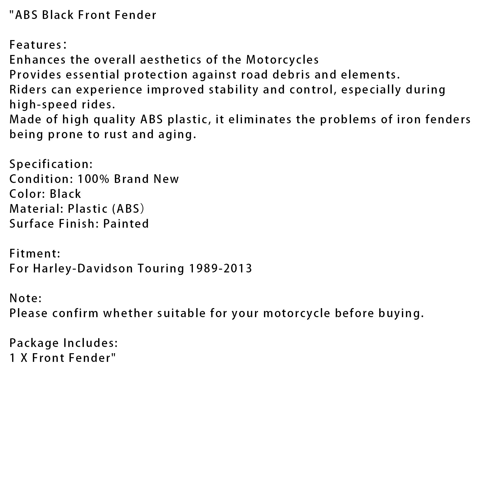 1989-2013 Harley-Davidson Touring Road King Street Glide ABS Front Black Front Fender