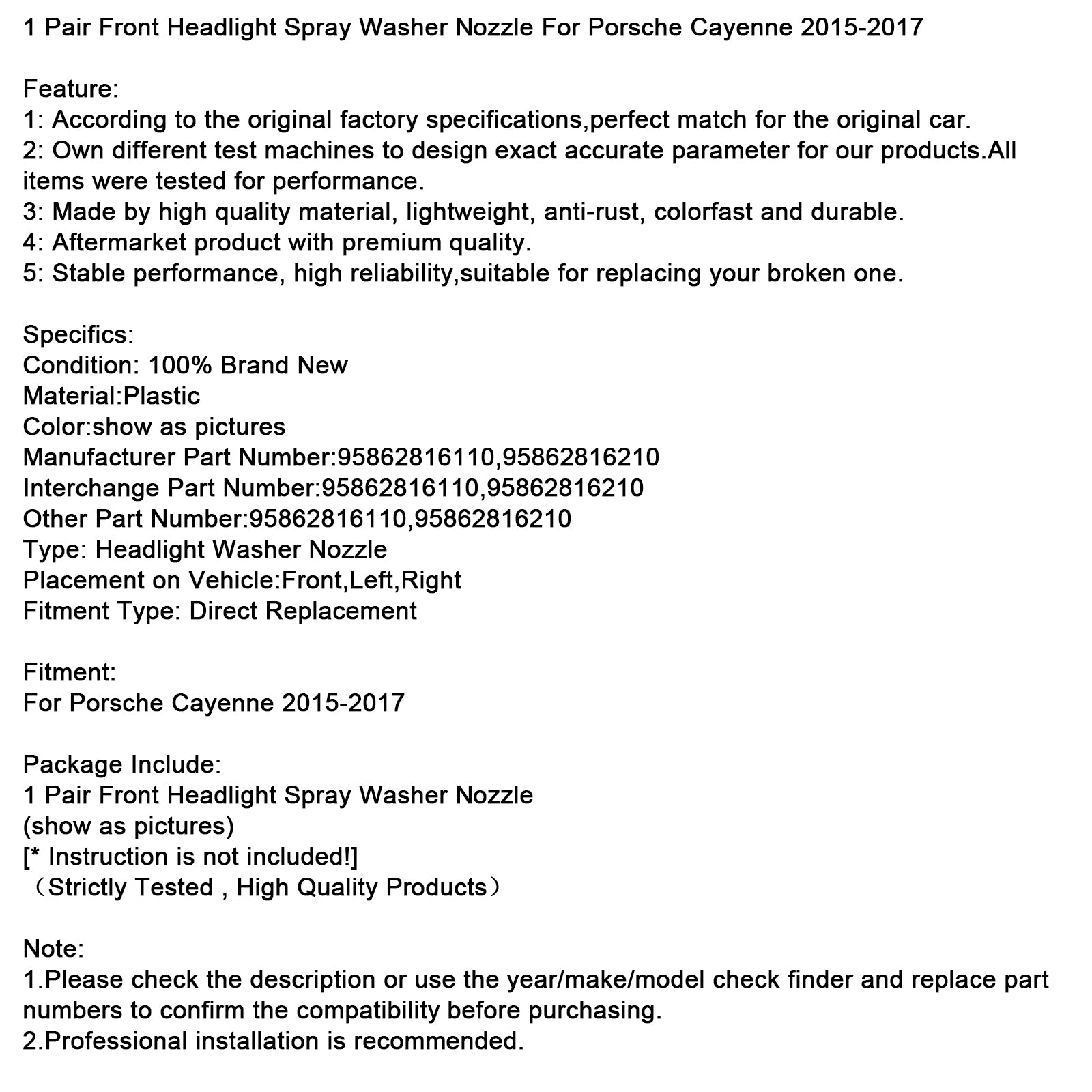 2015-2017 Porsche Cayenne 1 Pair Front Headlight Spray Washer Nozzle