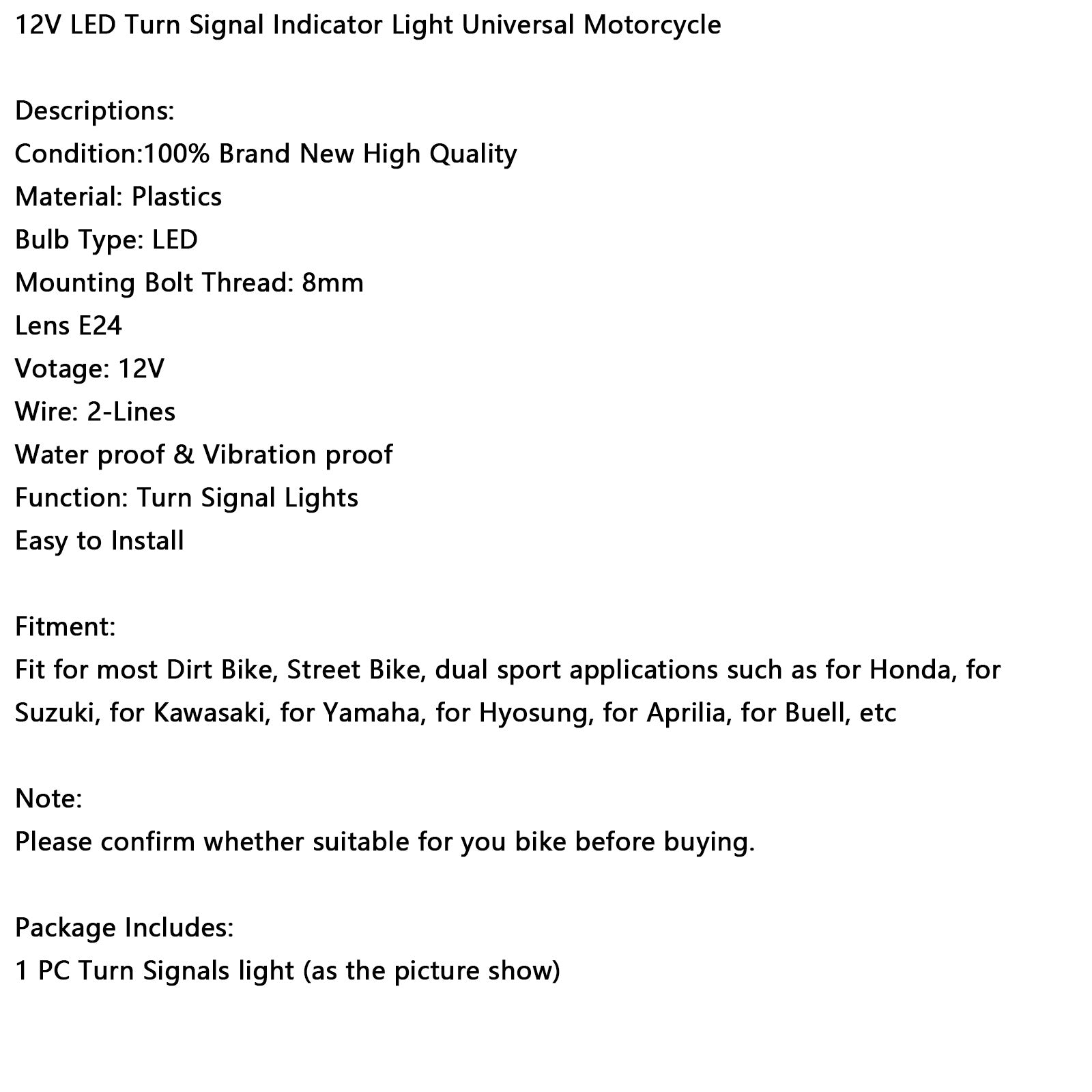 12V LED -blinkersindikatorljus 8mm universell motorcykel för Kawasaki