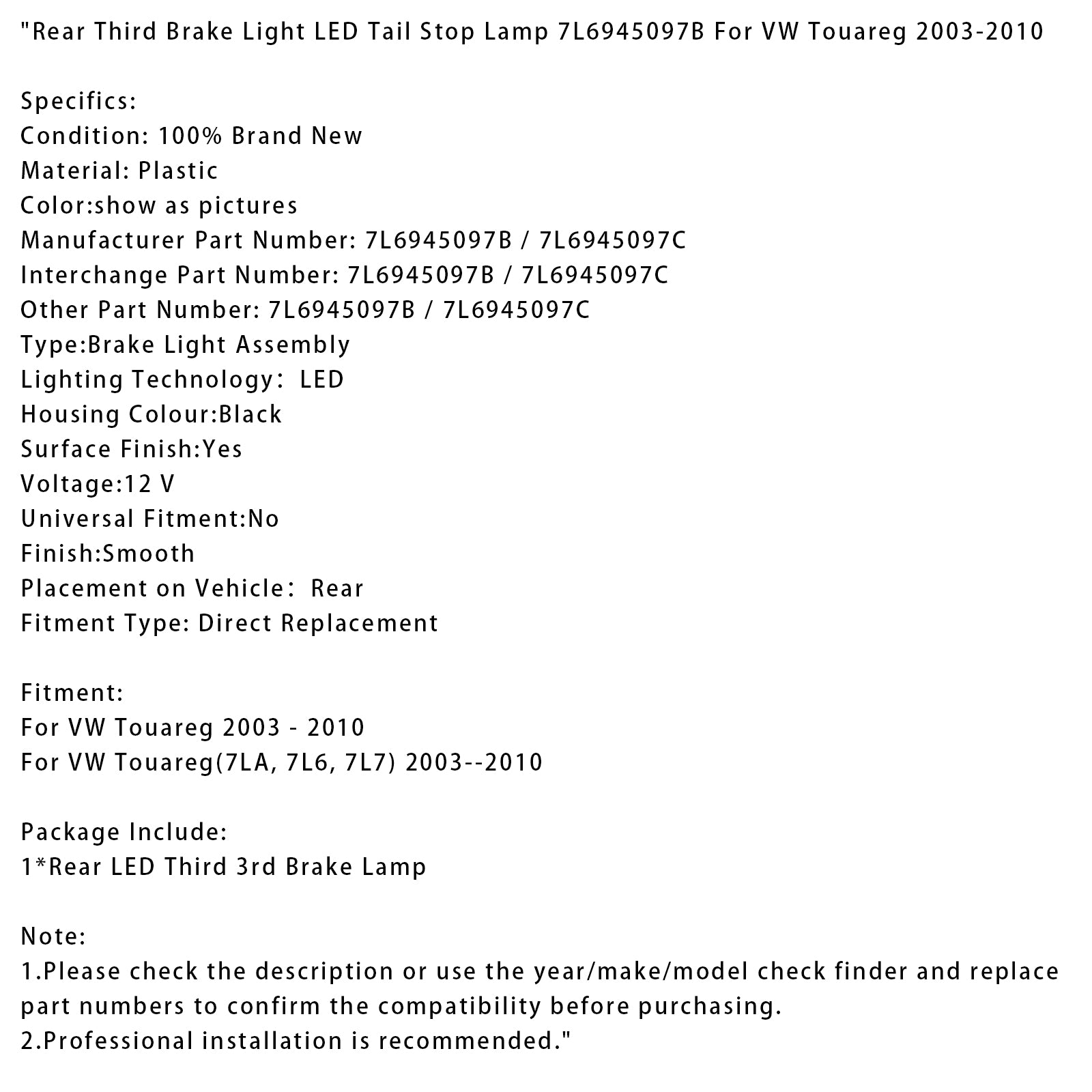 2003-2010 VW Touareg Arrière troisième feu de frein à lad lampe d'arrêt de queue LED 7L6945097B