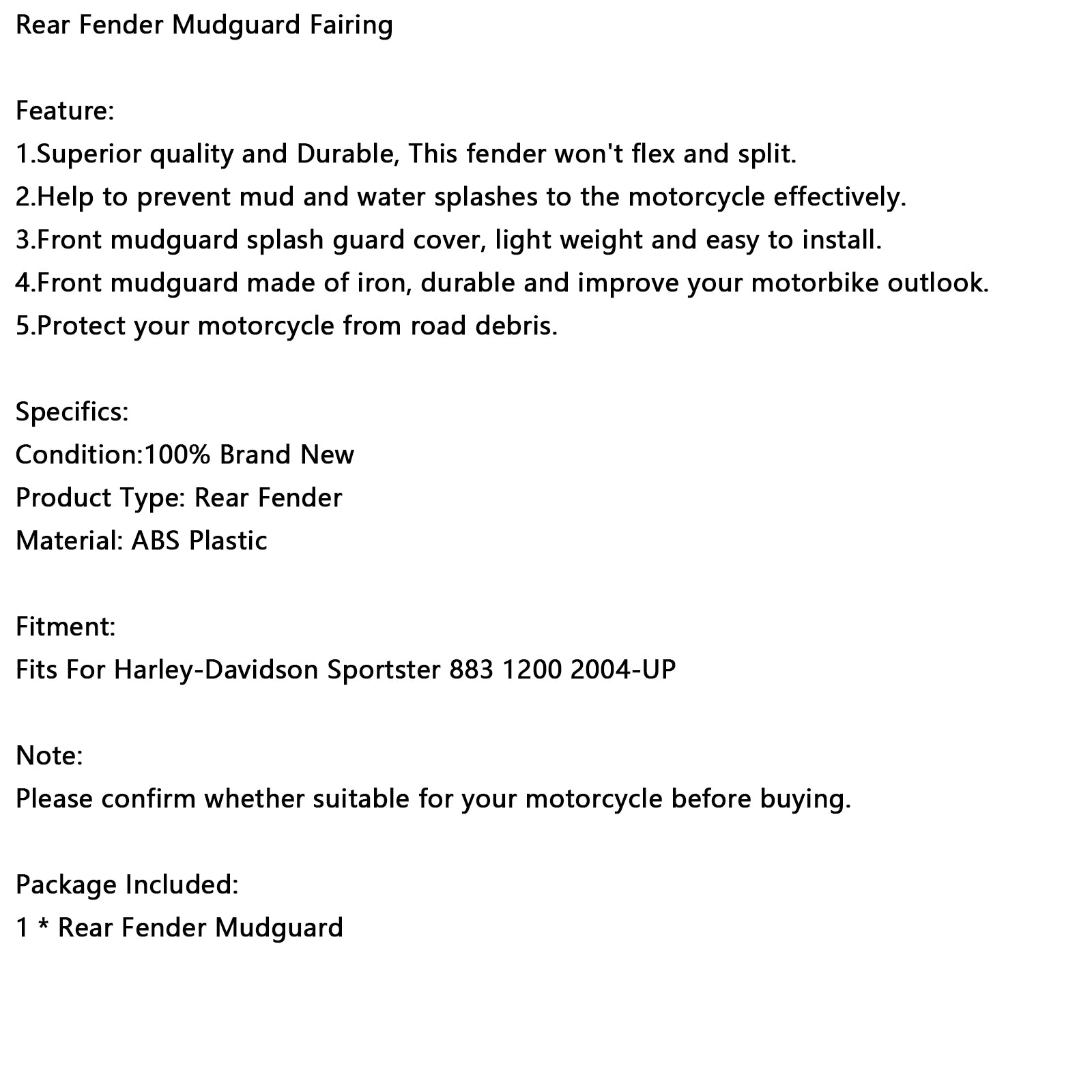 2004-UP Sportster 883 1200 Rear Fender Mudguard Fairing