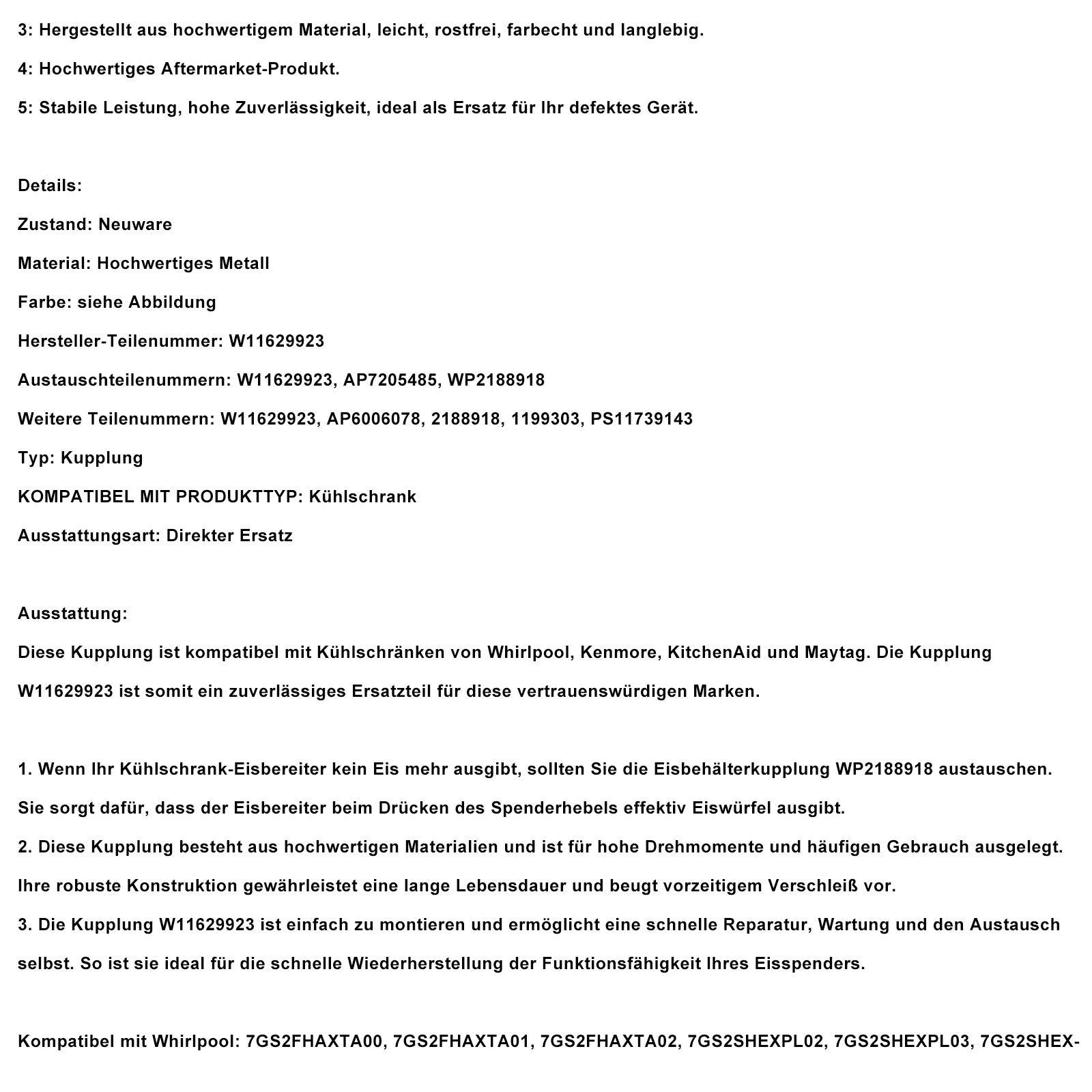 W11629923Spojka pre chladničku Kenmore KitchenAid Maytag AP7205485 WP2188918