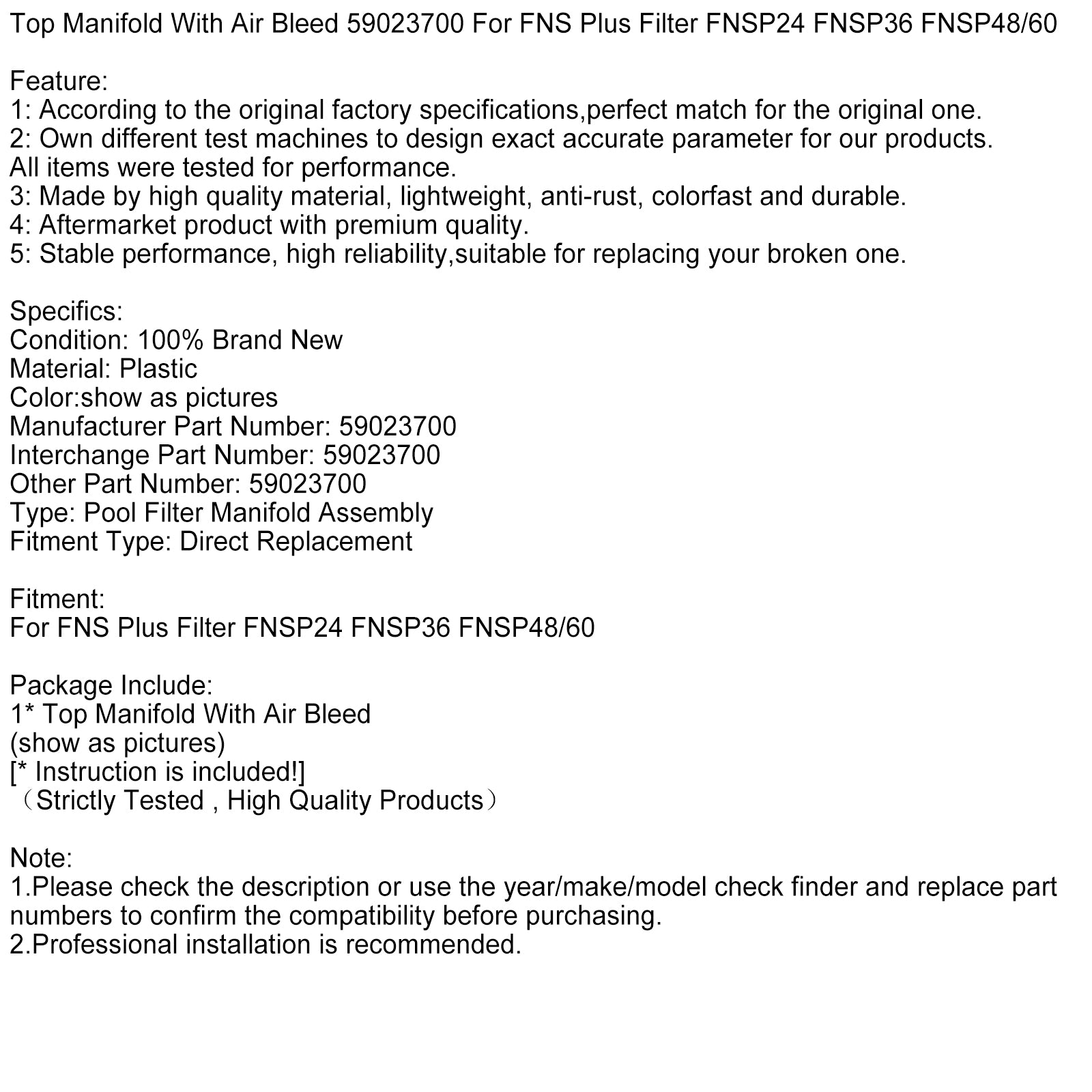 Topp manifold med luftblødning 59023700 for FNS pluss filter FNSP24 FNSP36 FNSP48