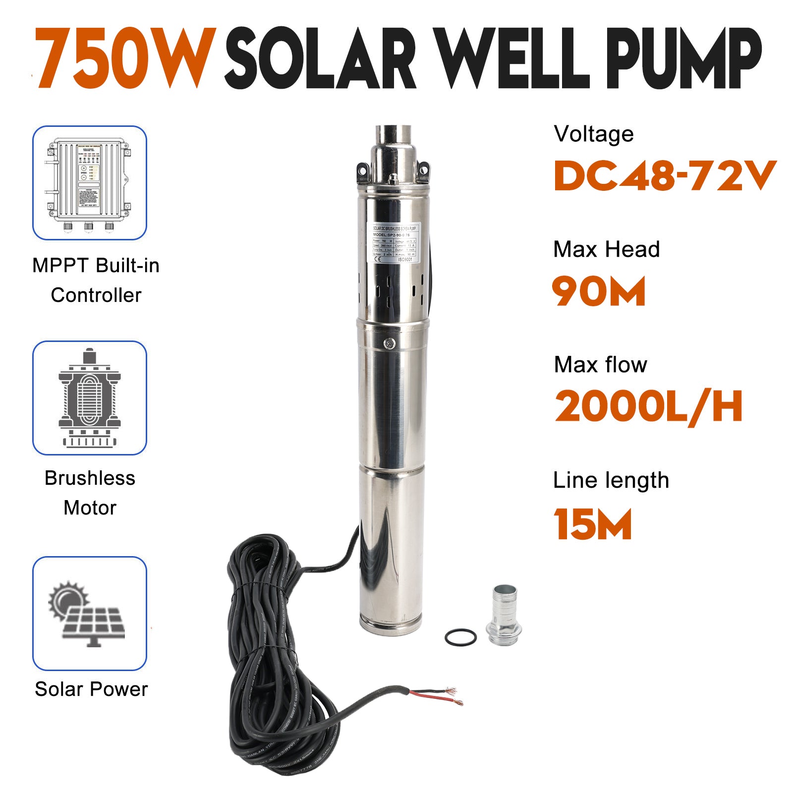 3" 48V 750W Deep Well Solar Submersible Bore Hole Water Pump Built-in MPPT