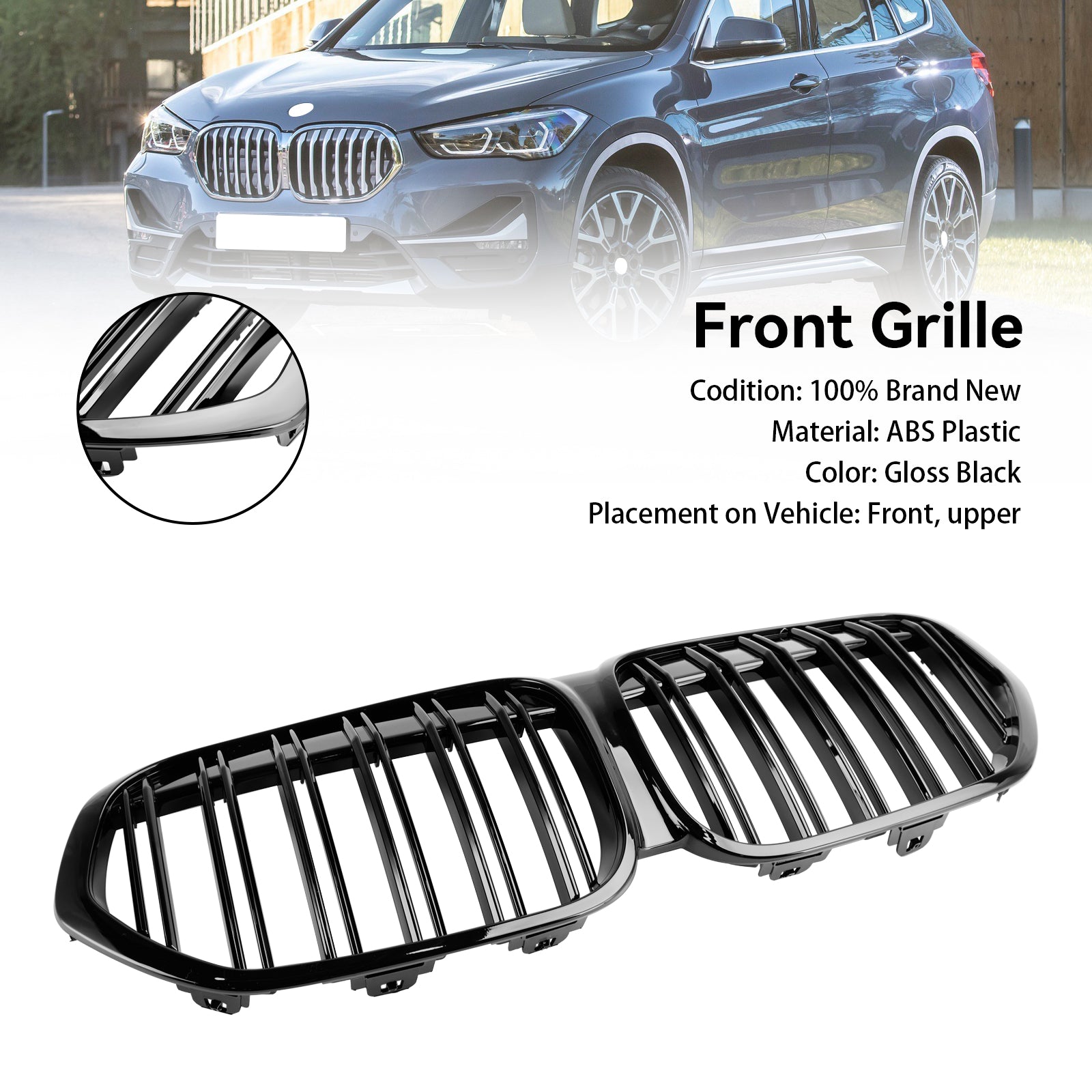 2019-2021 BMW X1 F48 F49 Grille de calandre avant noire brillante à double lamelles