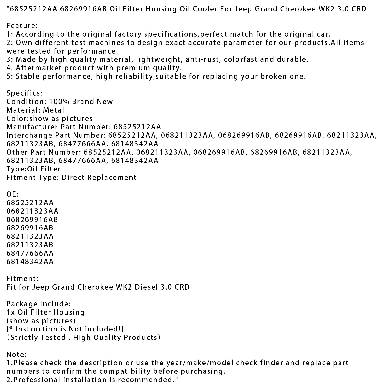 Jeep Grand Cherokee WK2 3.0 CRD Oil Filter Housing Oil Cooler 68525212AA