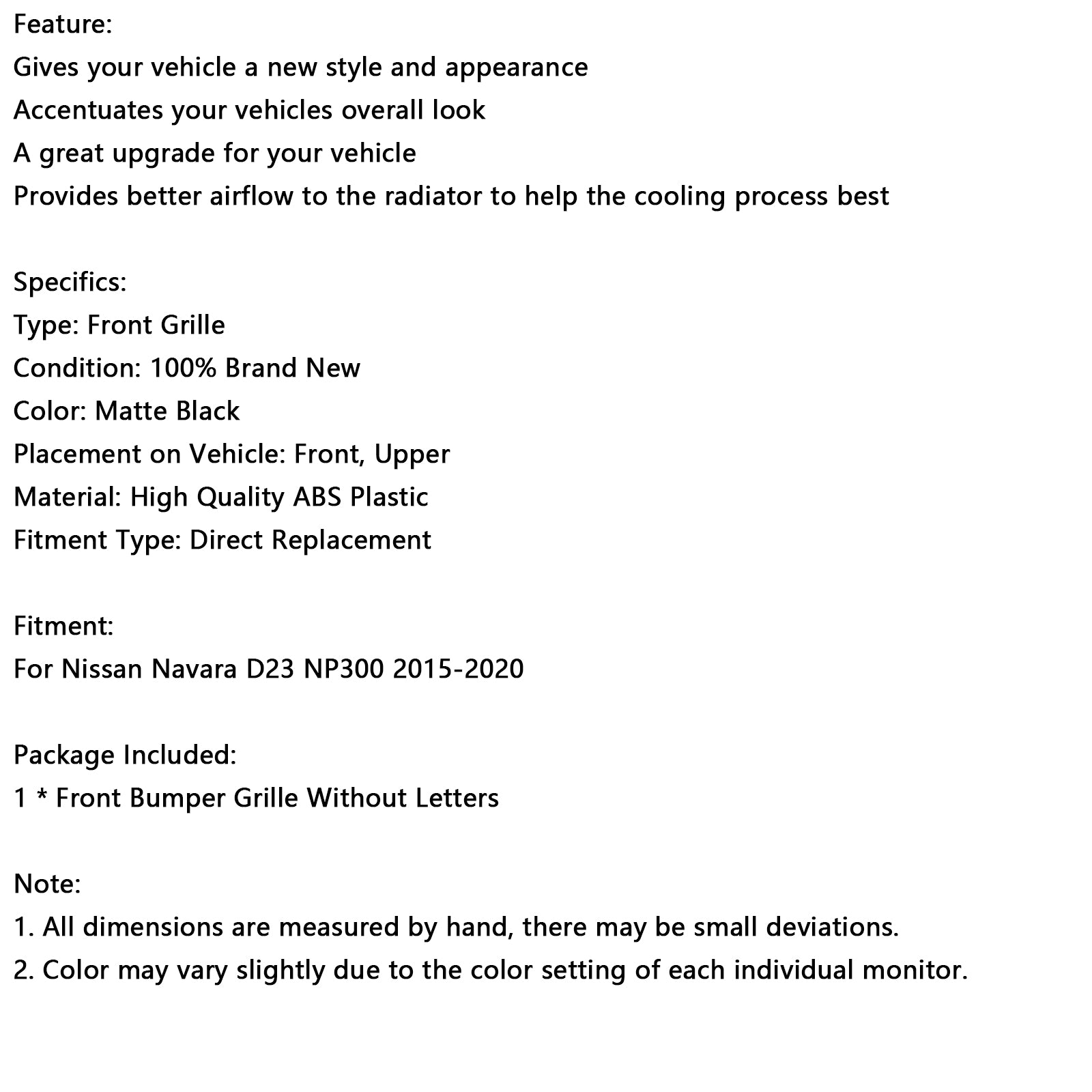 2015-2020 Nissan Navara NP300 D23 Matt Black Front Challed Grill Grille