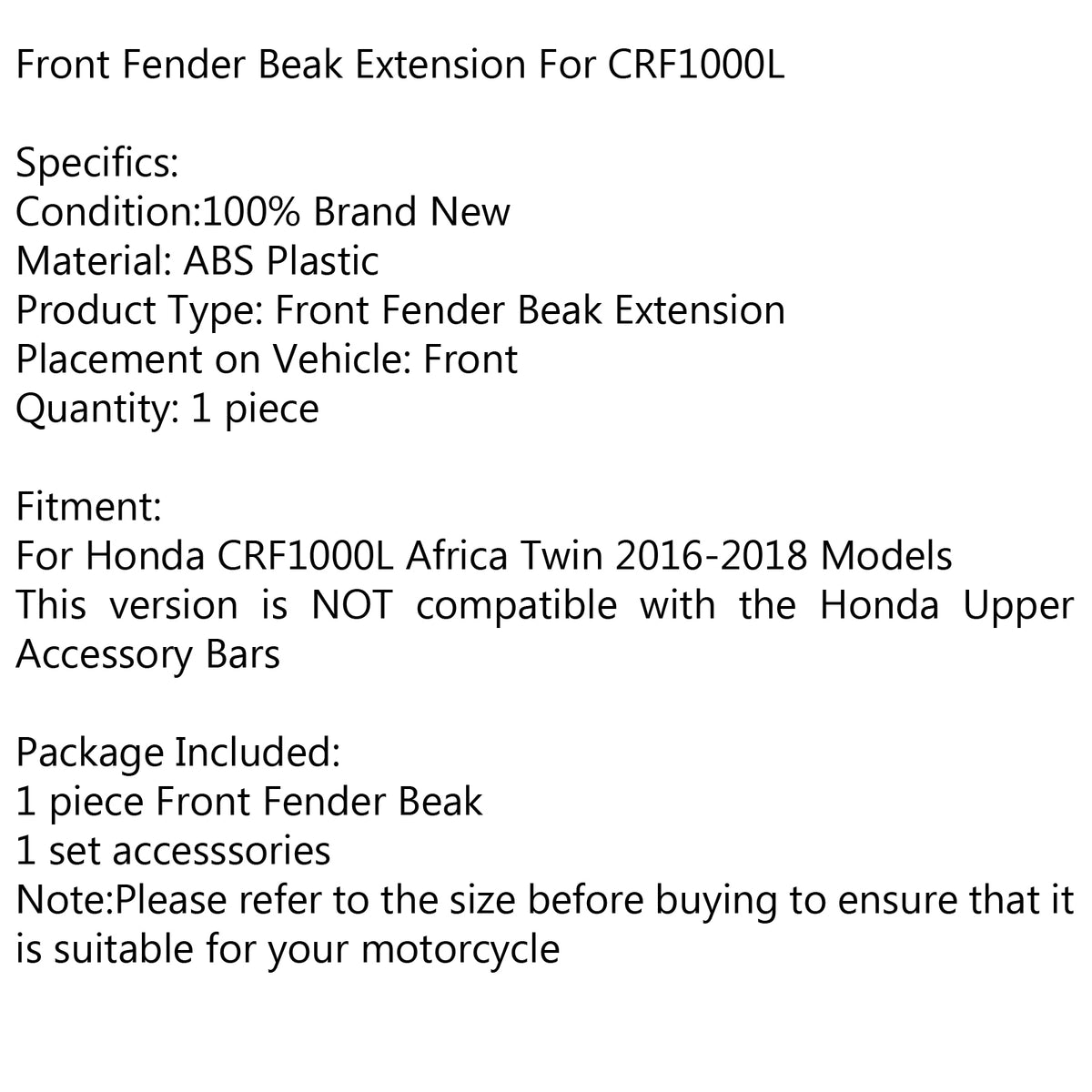 2016-2019 Honda CRF1000L Africa Twin Models High Front Fender Beak Extension No Bar Generic