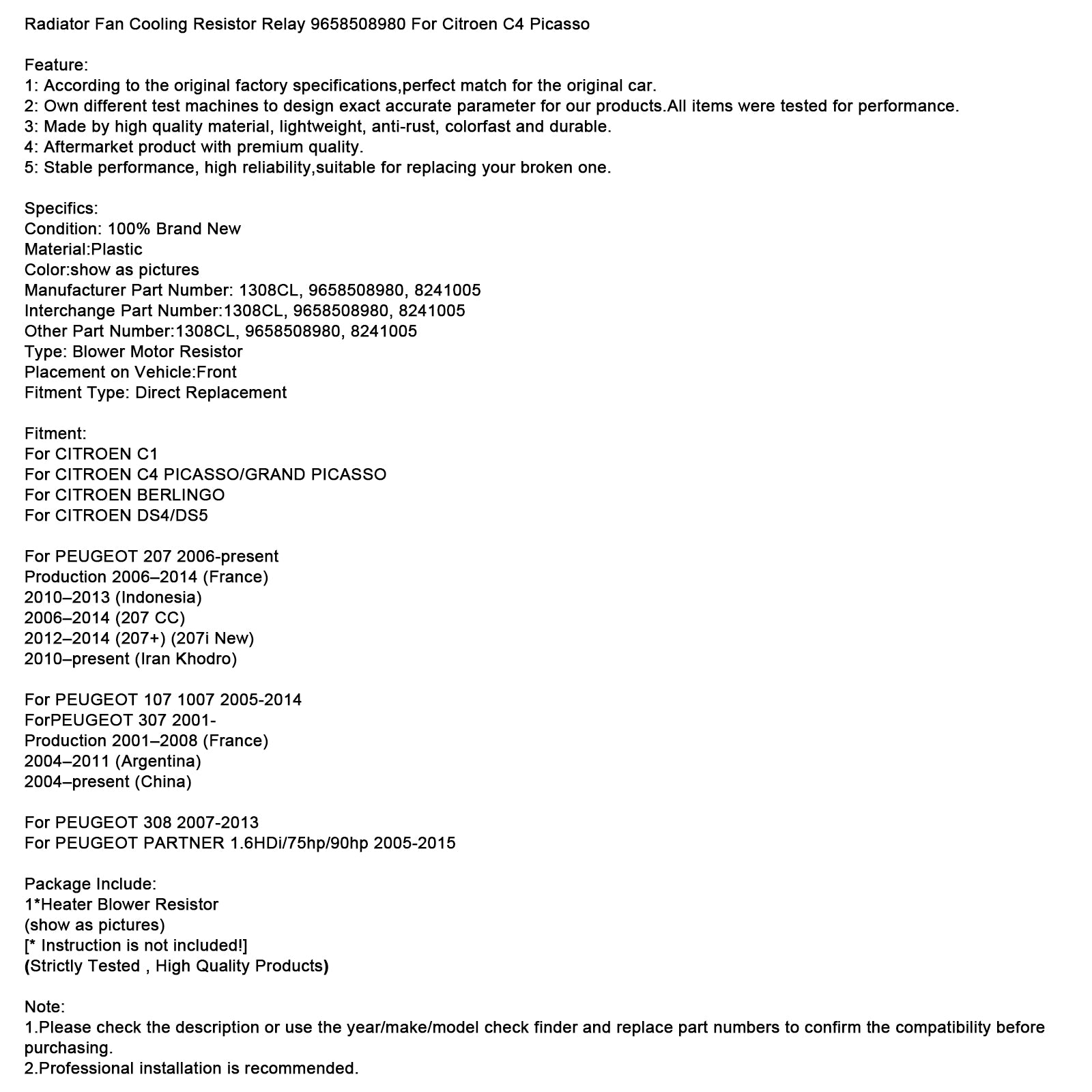 Relé de resistencia de refrigeración del ventilador del radiador 9658508980 para Citroen C4 Picasso