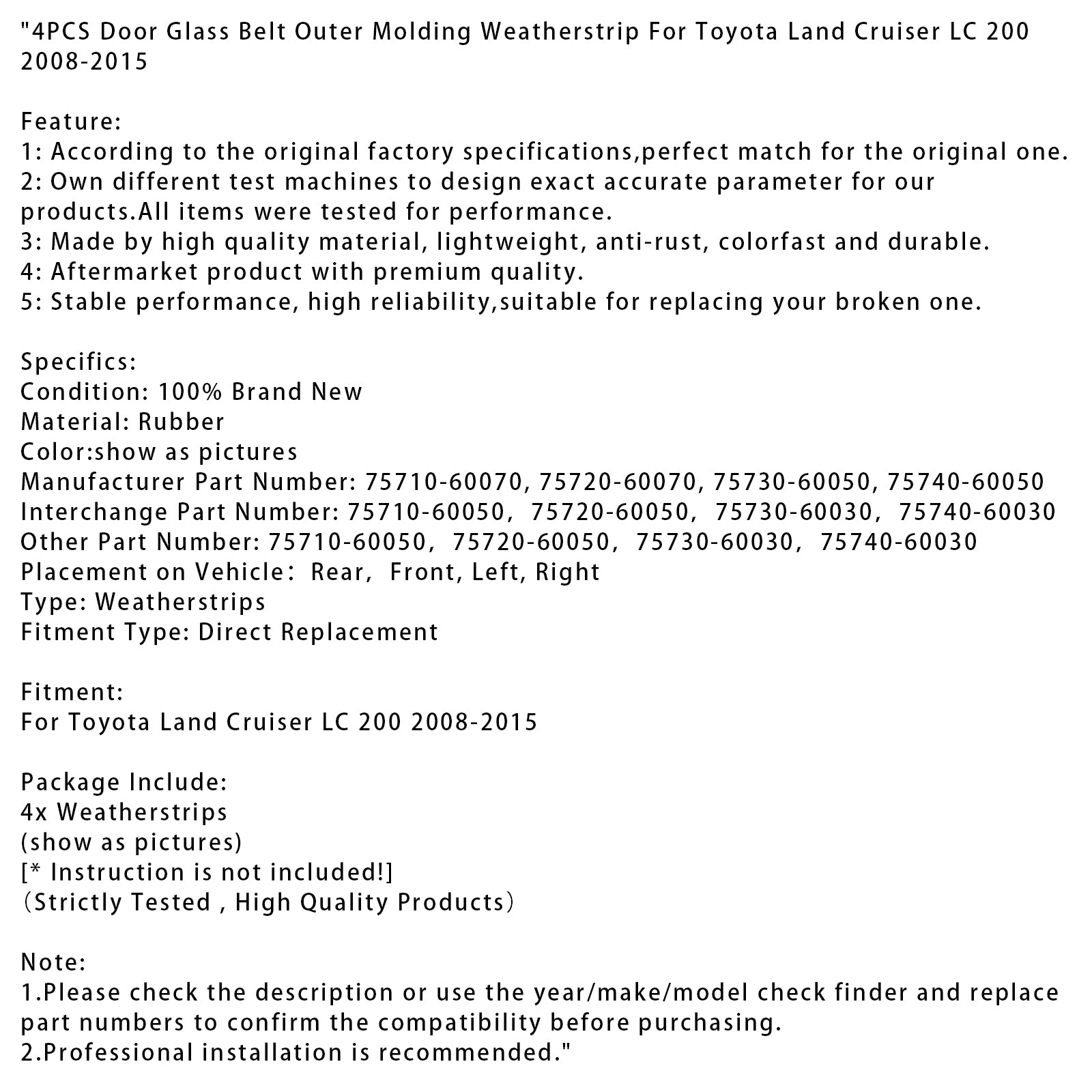 2008-2015 Toyota Land Cruiser LC 200 4PCS Deurglasriem Buitenste lijstafdichting